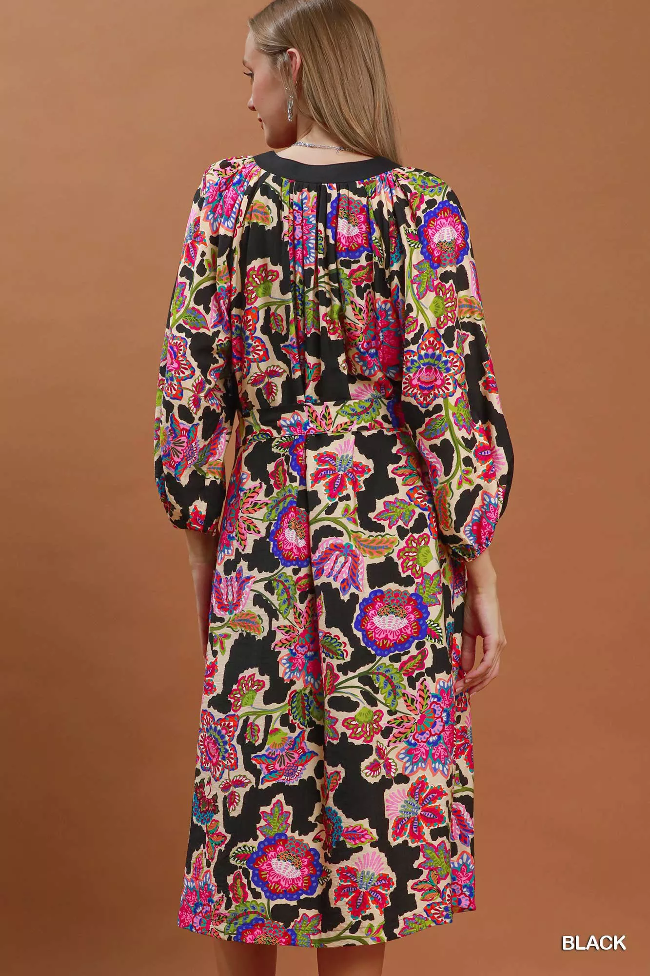 Umgee Abstract Print Embroidered Belted Midi Dress - Image 3
