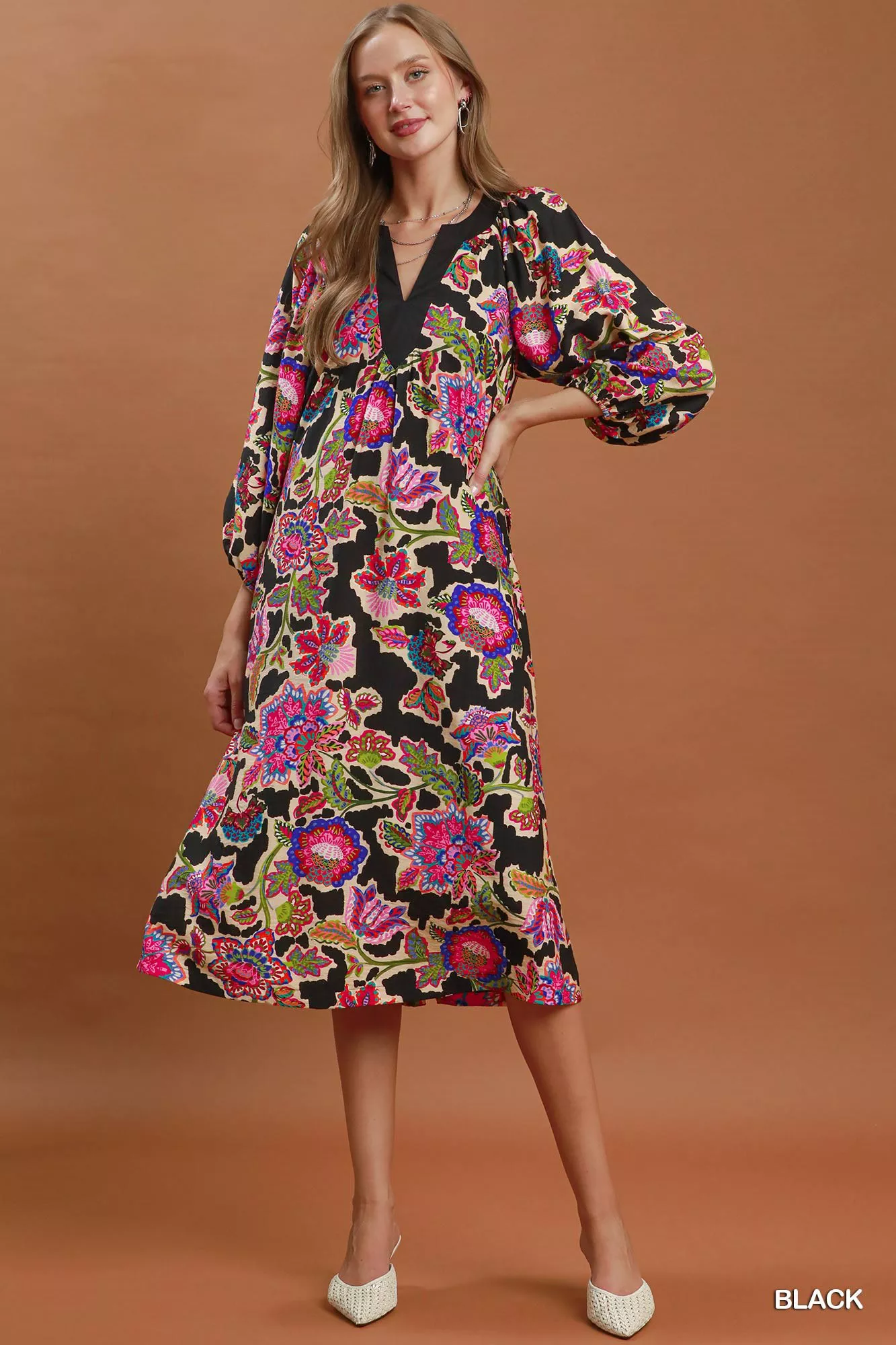 Umgee Abstract Print Embroidered Belted Midi Dress - Image 5
