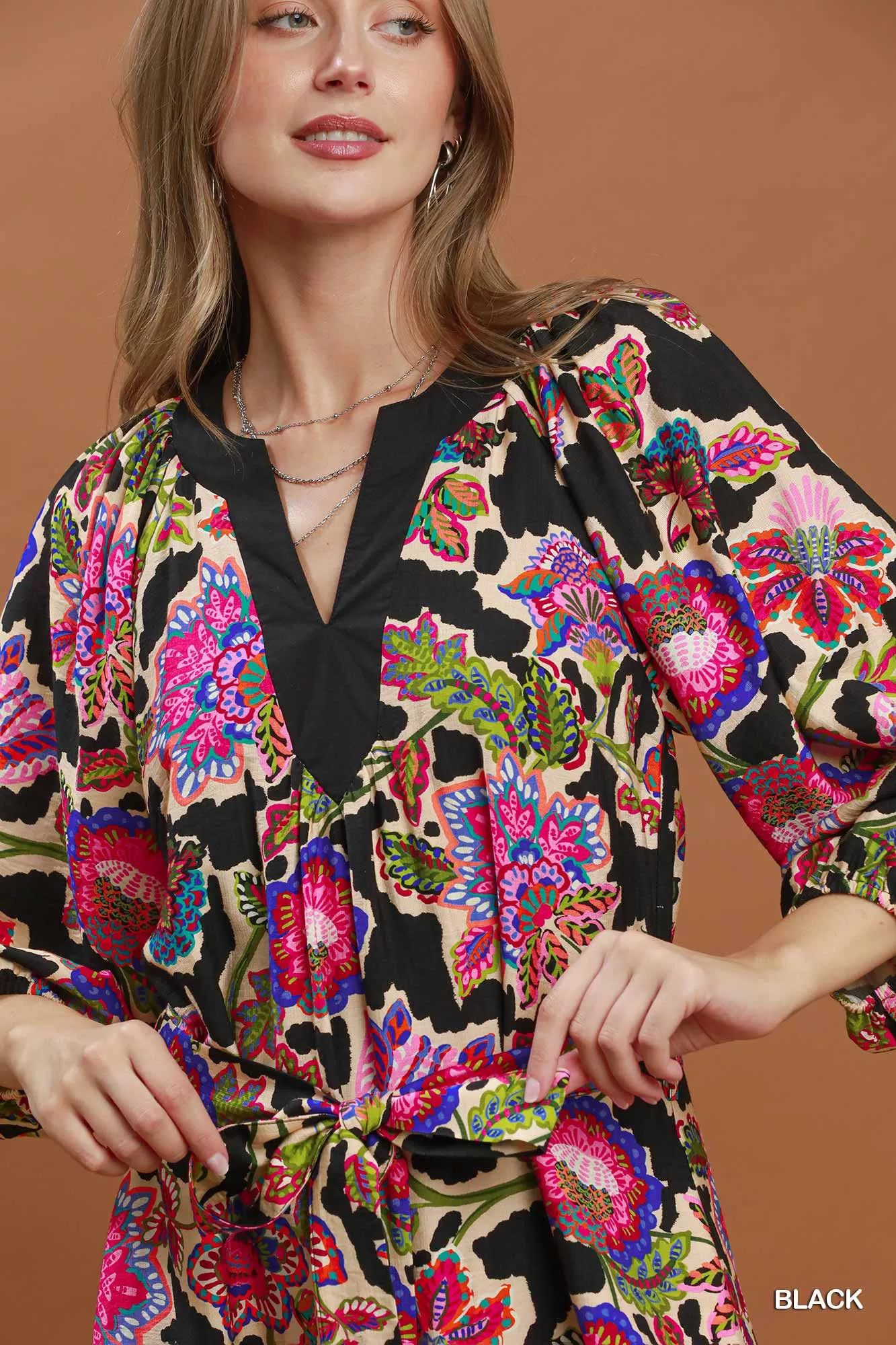 Umgee Abstract Print Embroidered Belted Midi Dress - Image 6