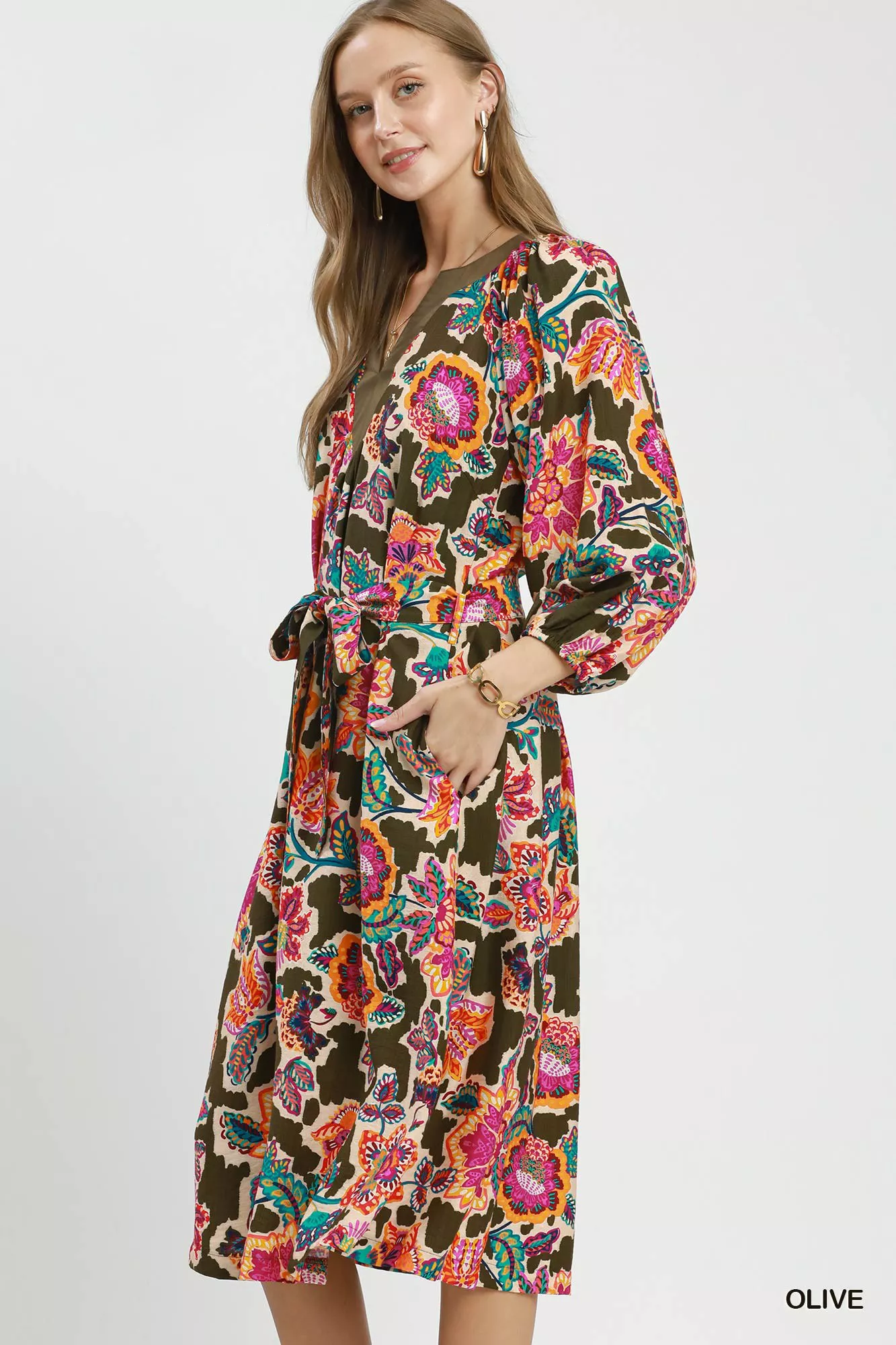 Umgee Abstract Print Embroidered Belted Midi Dress - Image 2
