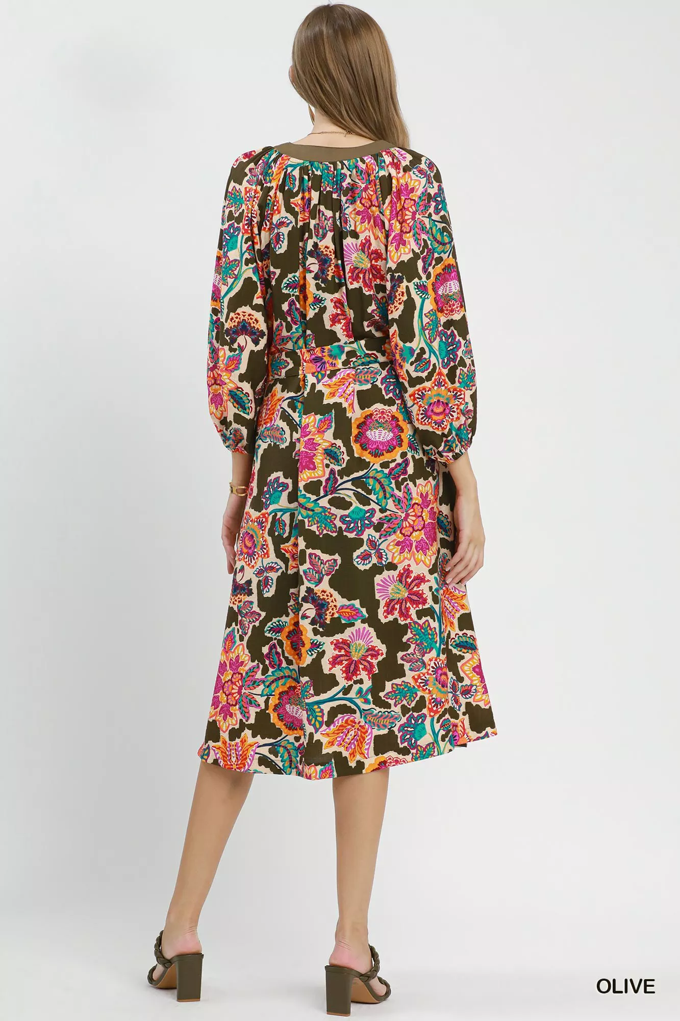 Umgee Abstract Print Embroidered Belted Midi Dress - Image 3