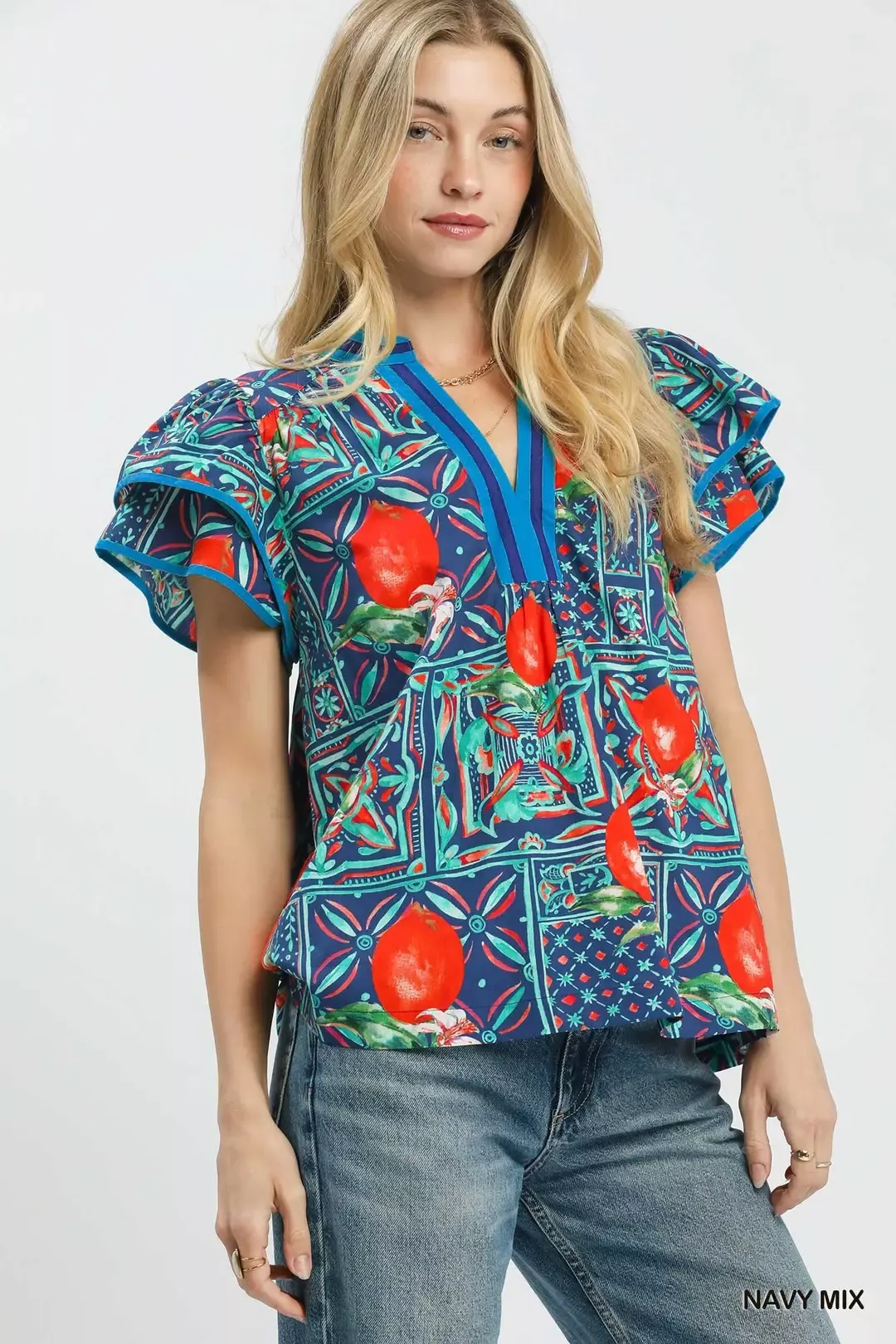 Umgee Abstract Print Flutter Sleeve Blouse - Image 2