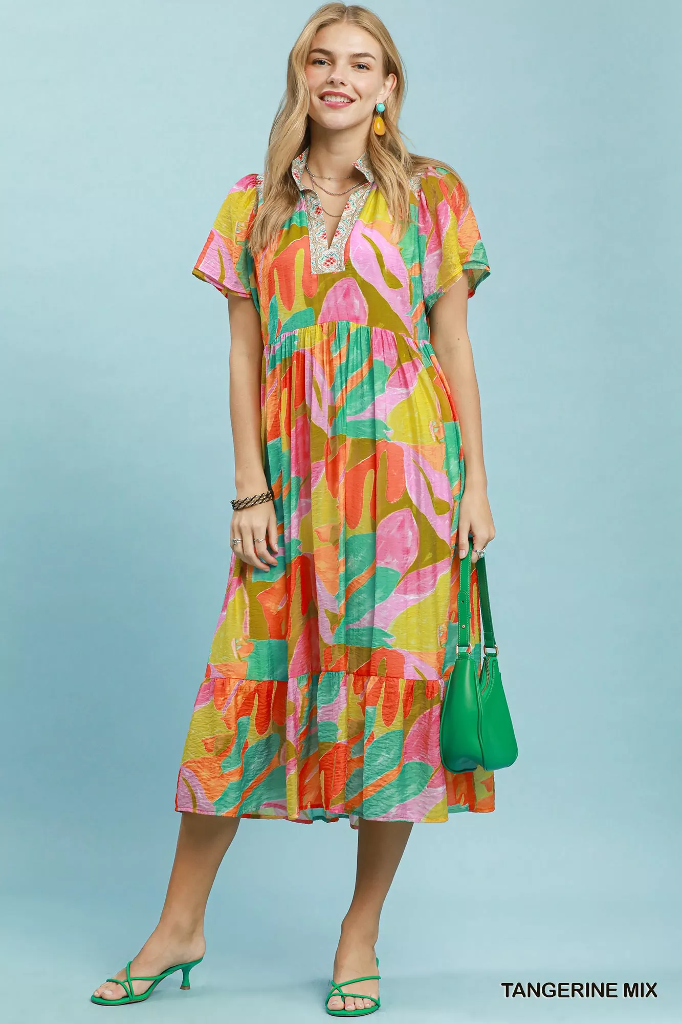 Umgee Abstract Tropical Print Tiered Midi Dress - Image 4