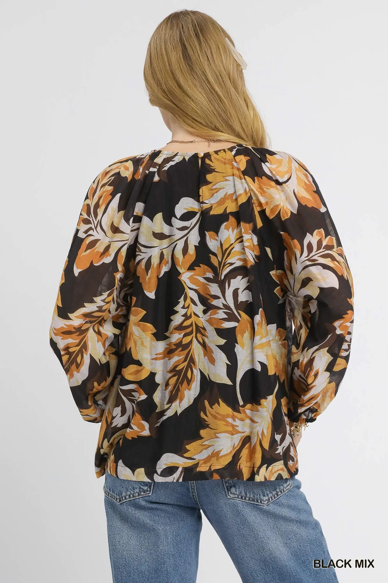 Umgee Autumn Leaf Print Balloon Sleeve Blouse - Image 4