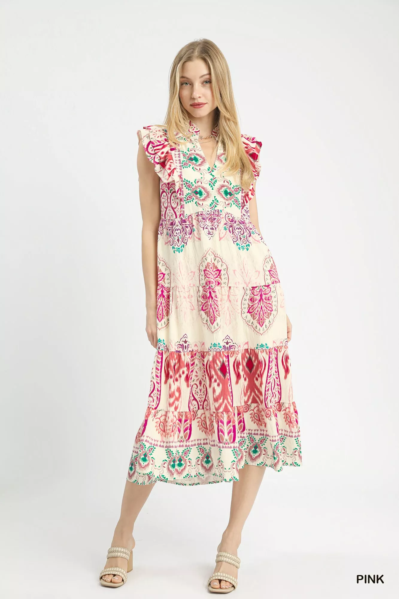 Umgee Boho Boarder Print Ruffle Midi Dress - Image 2