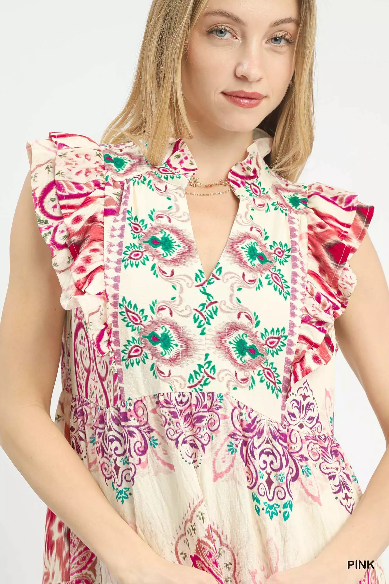 Umgee Boho Boarder Print Ruffle Midi Dress - Image 5