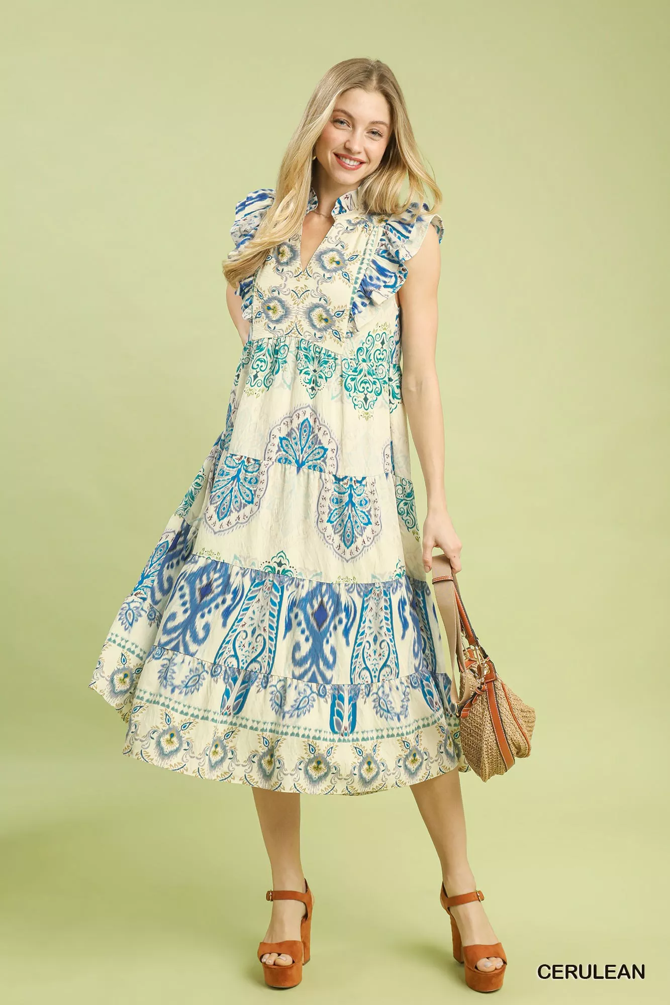 Umgee Boho Boarder Print Ruffle Midi Dress - Image 2