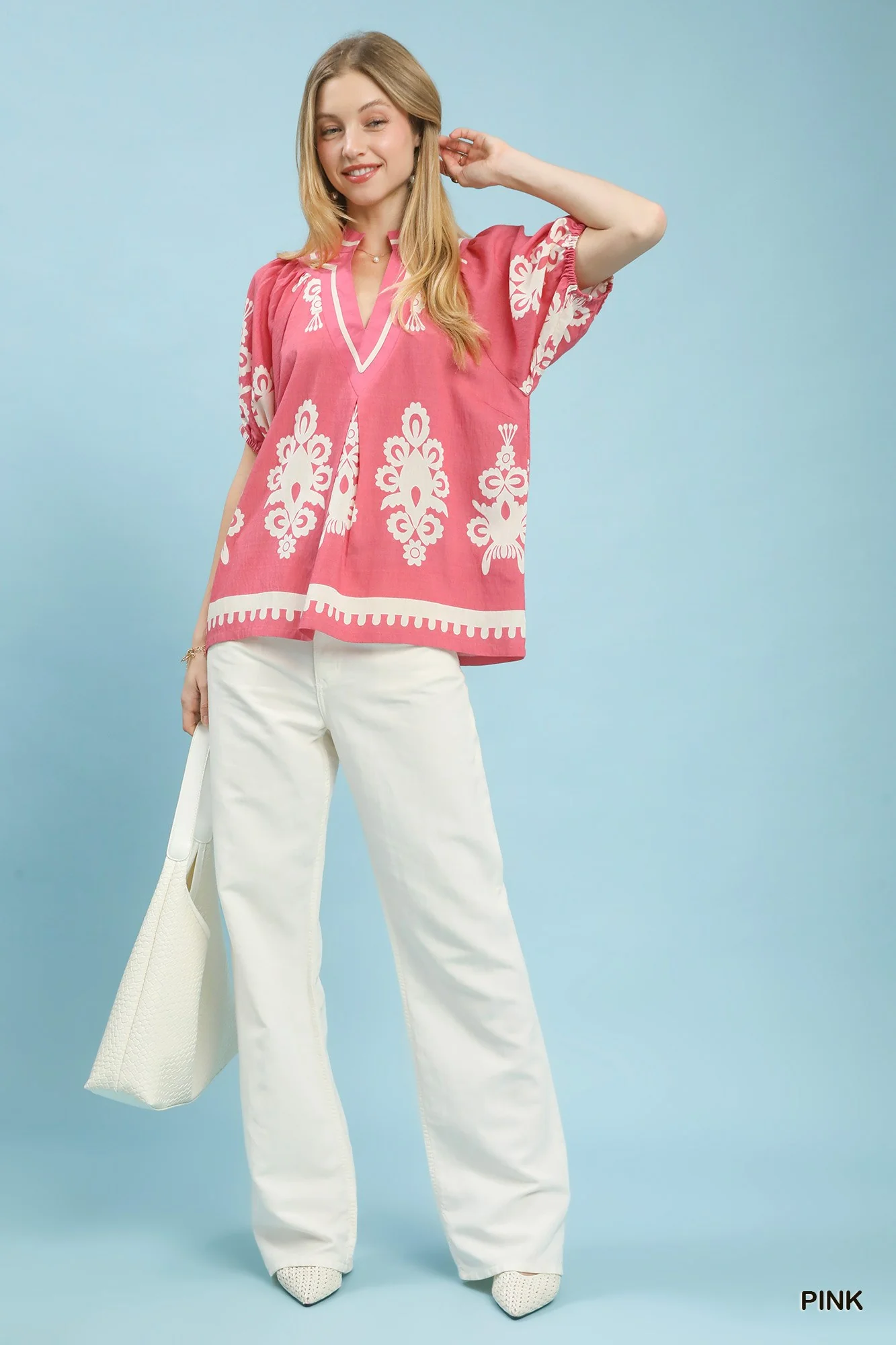 Umgee Boho Print Split-Neck Short Sleeve Top - Image 4