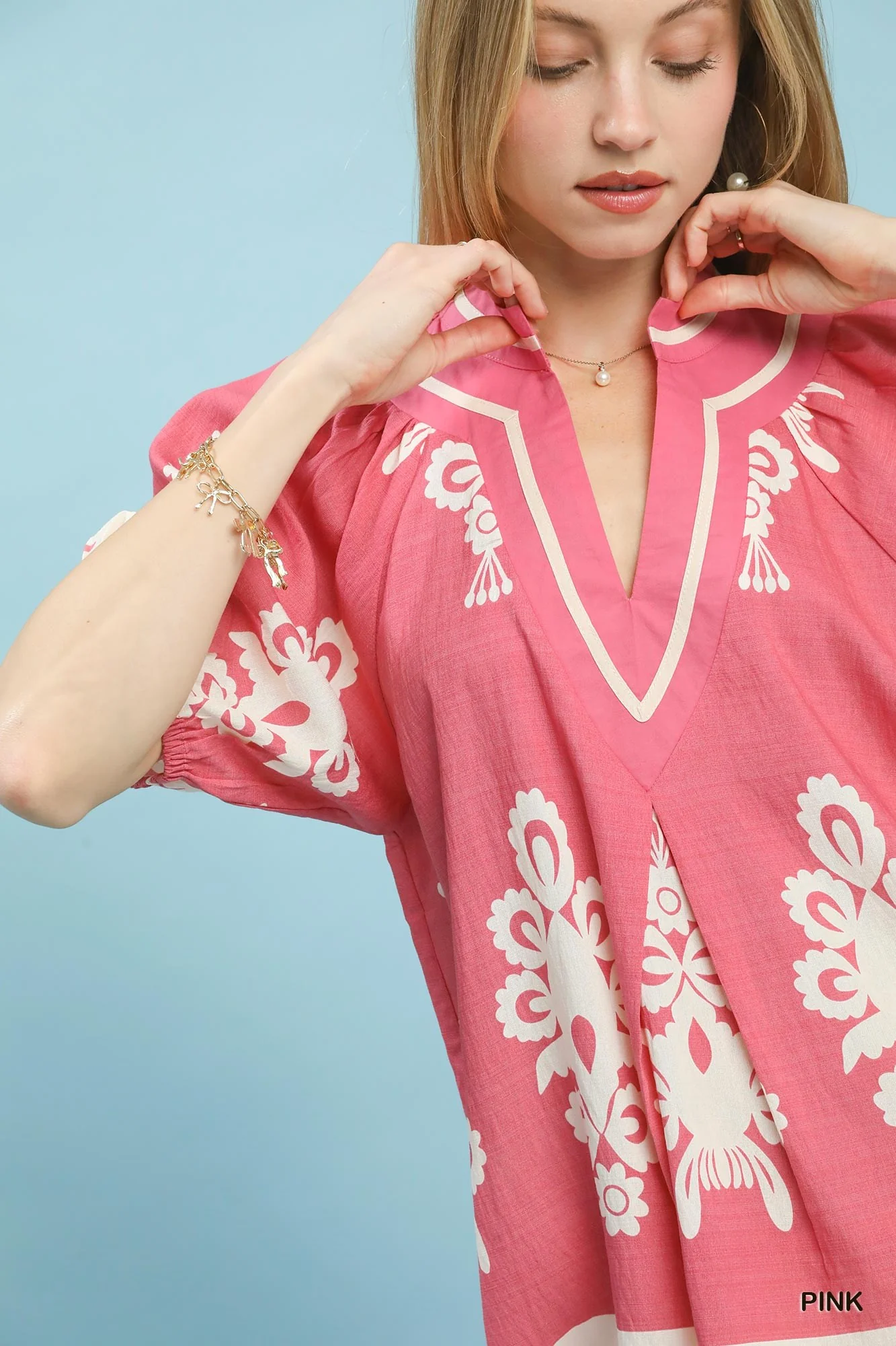 Umgee Boho Print Split-Neck Short Sleeve Top - Image 5