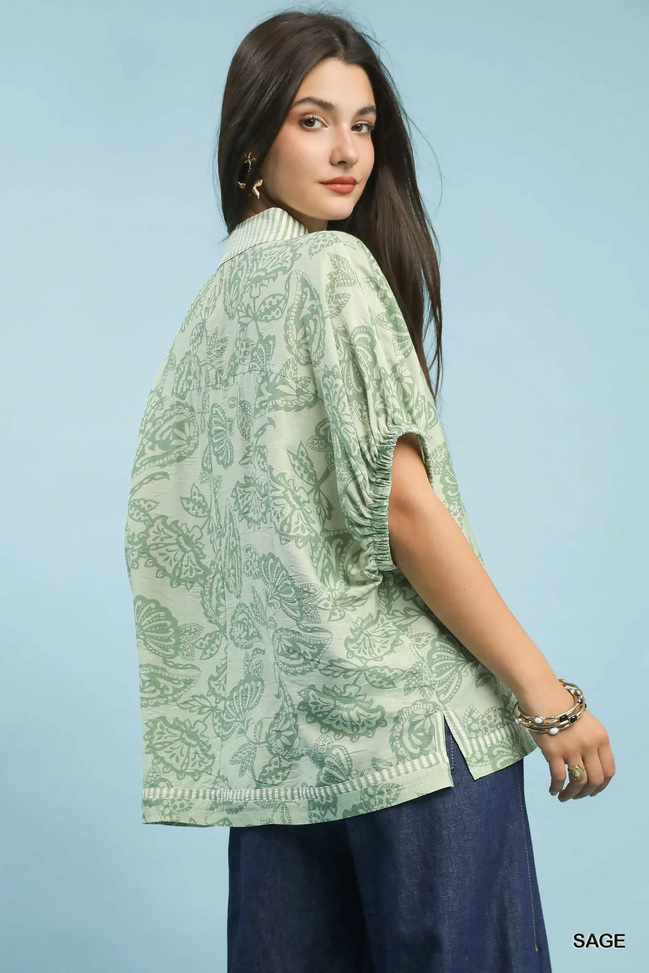 Umgee Botanical Print Mixed Trim Tunic Top - Image 3