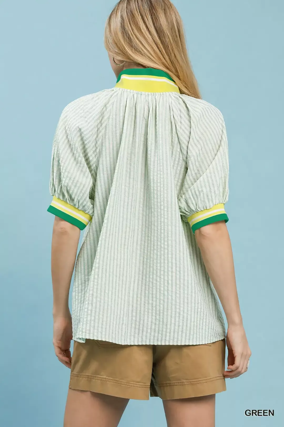 Umgee Botanical Print Puff Short Sleeve Blouse with Contrast Collar - Image 3