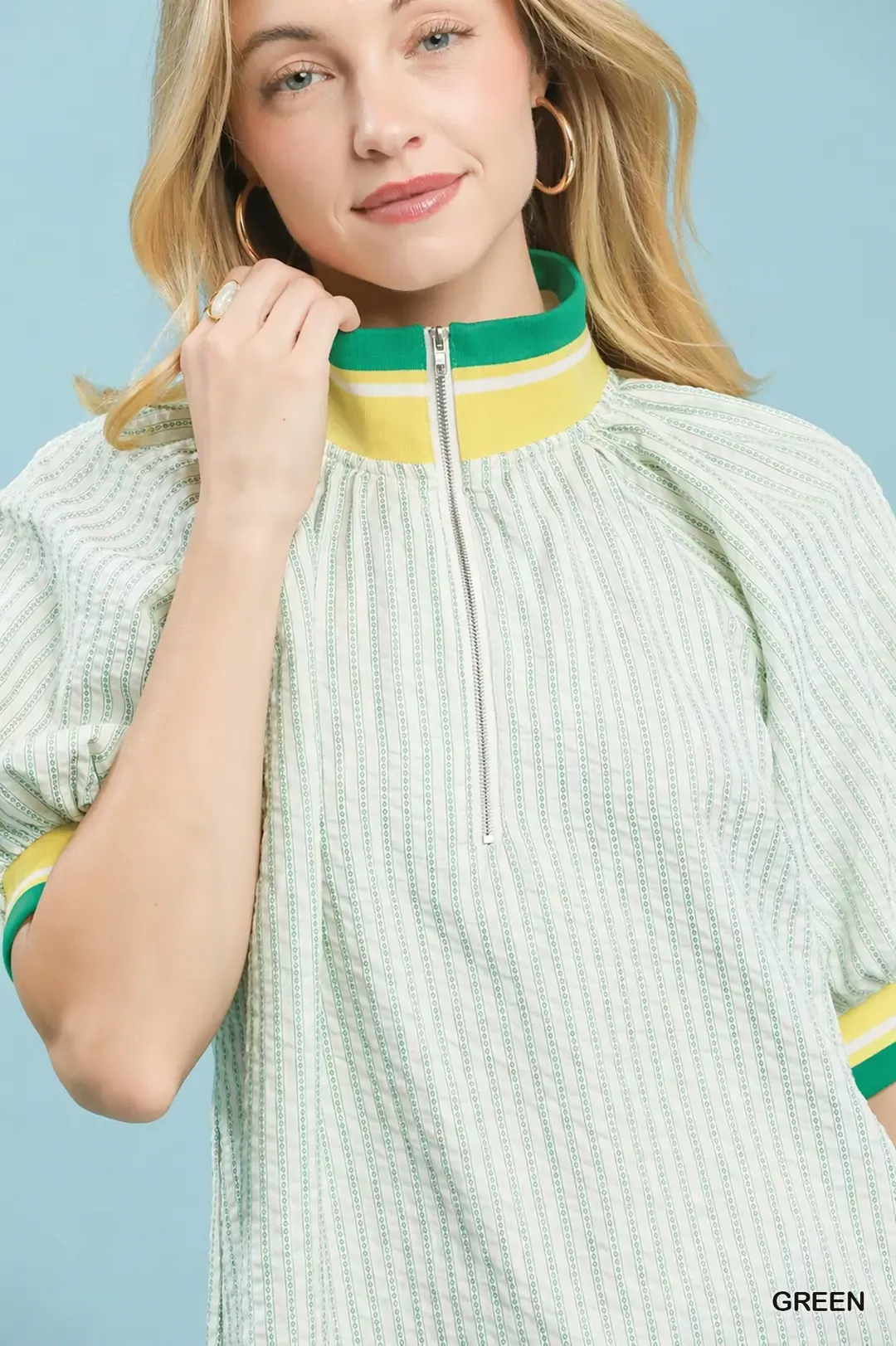 Umgee Botanical Print Puff Short Sleeve Blouse with Contrast Collar - Image 4