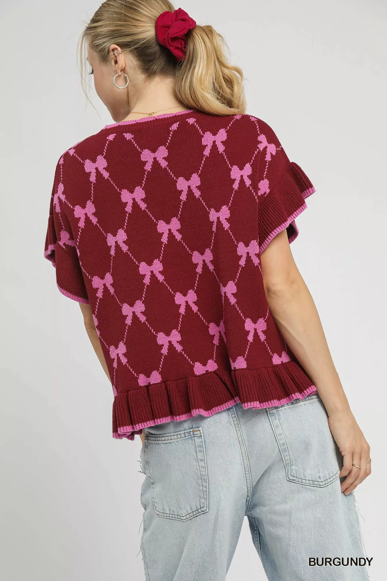 Umgee Bow Knit Ruffle Sleeve Sweater - Image 3