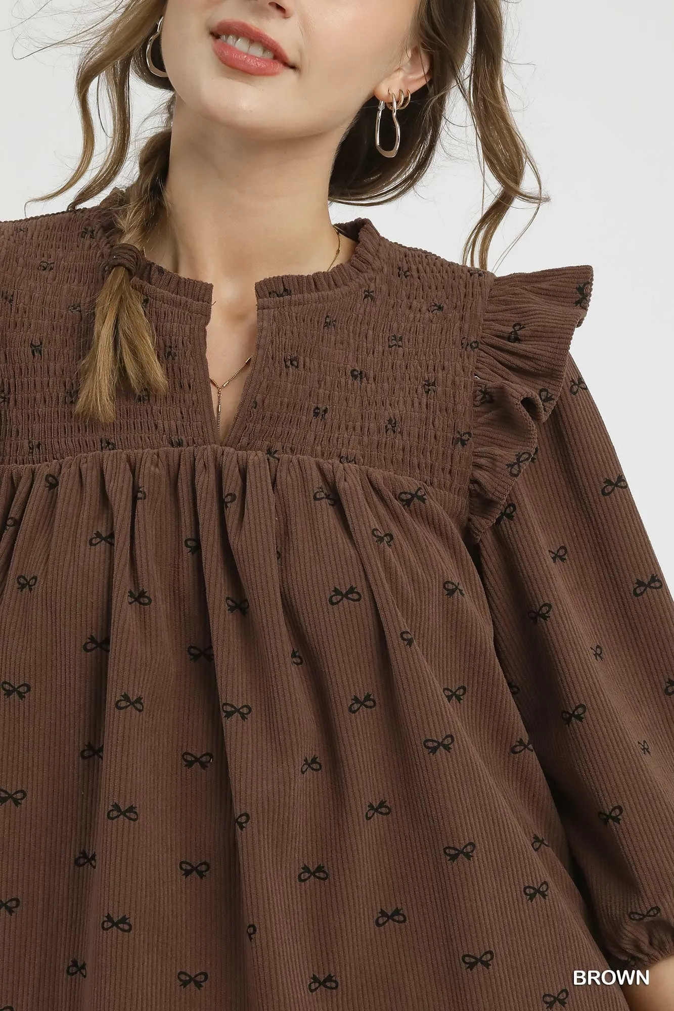 Umgee Bow Print Corduroy Puff Sleeve Blouse with Ruffled - Image 6