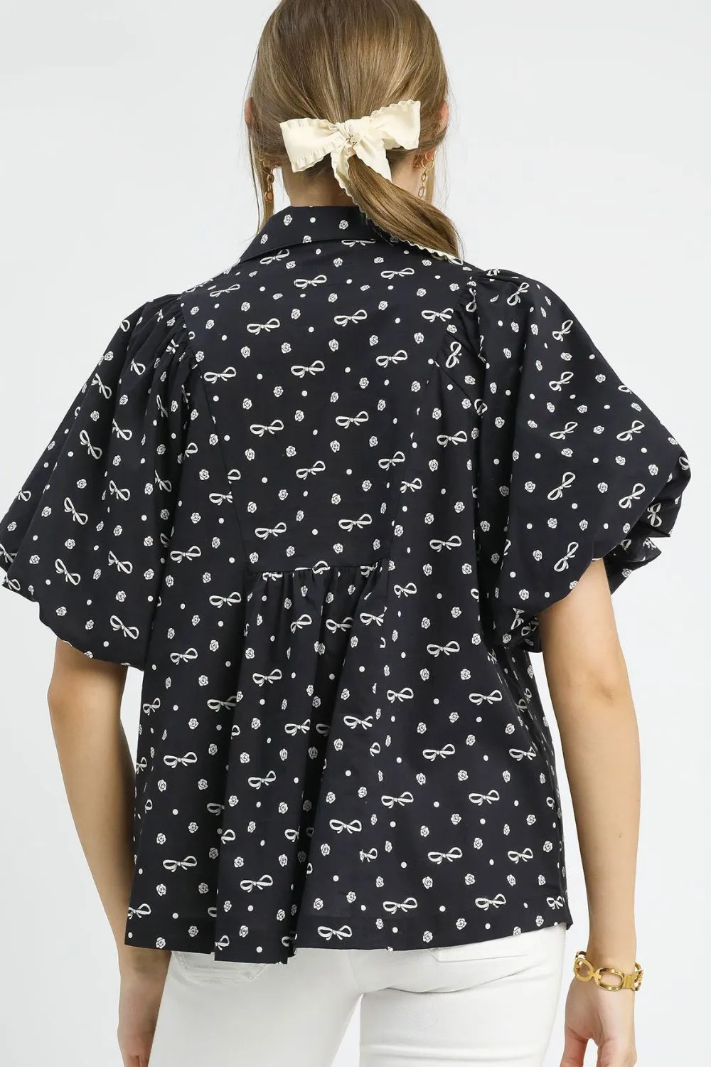Umgee Bow Print Puff Sleeve Blouse - Image 2