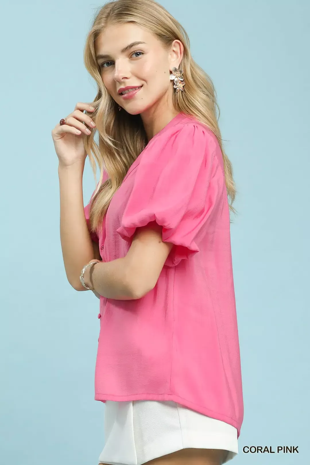 Umgee Button-Down Puff Sleeve Shirt - Image 3