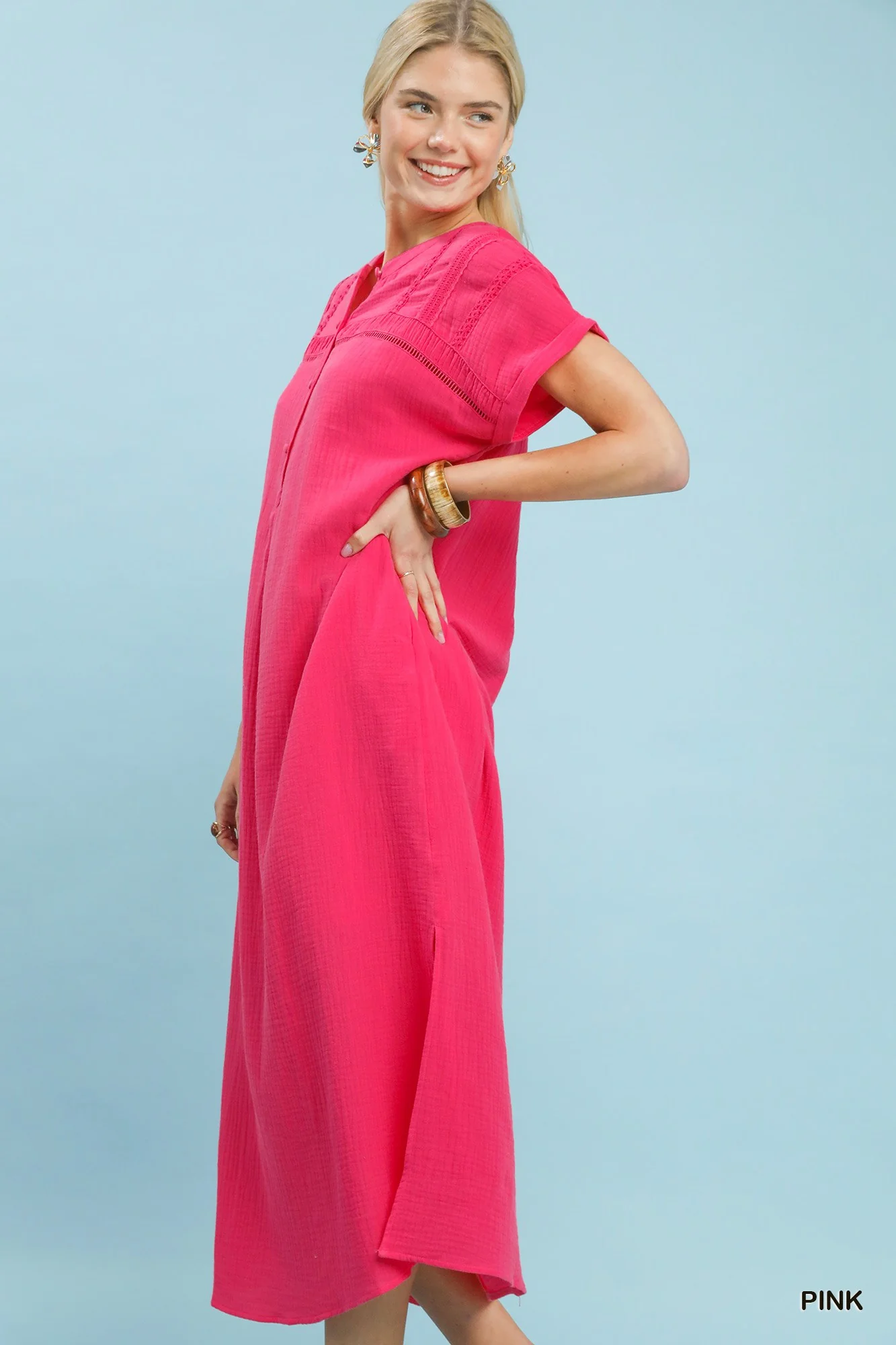 Umgee Button-Front Gauze Midi Dress with Lace Detail - Image 2