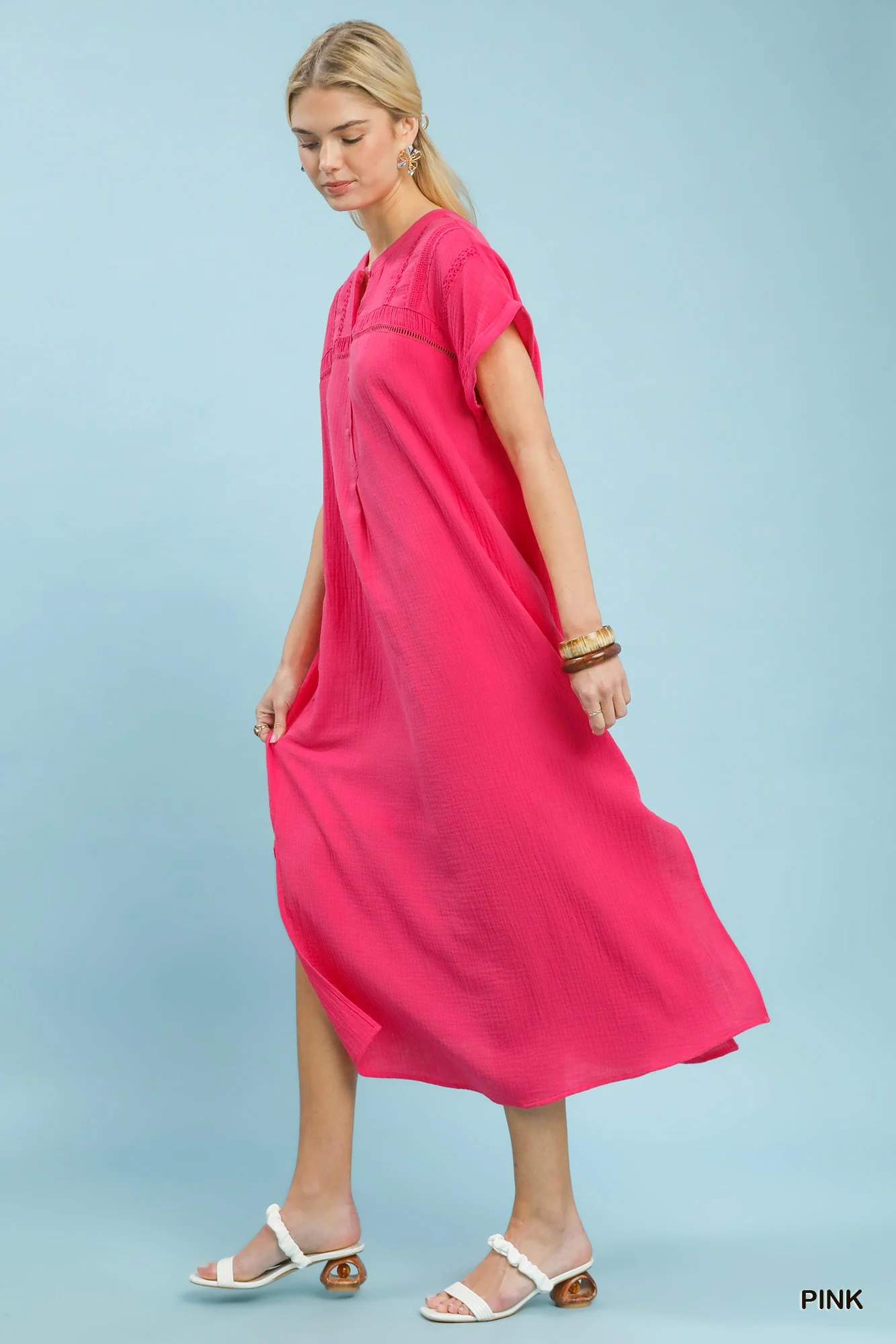 Umgee Button-Front Gauze Midi Dress with Lace Detail - Image 4