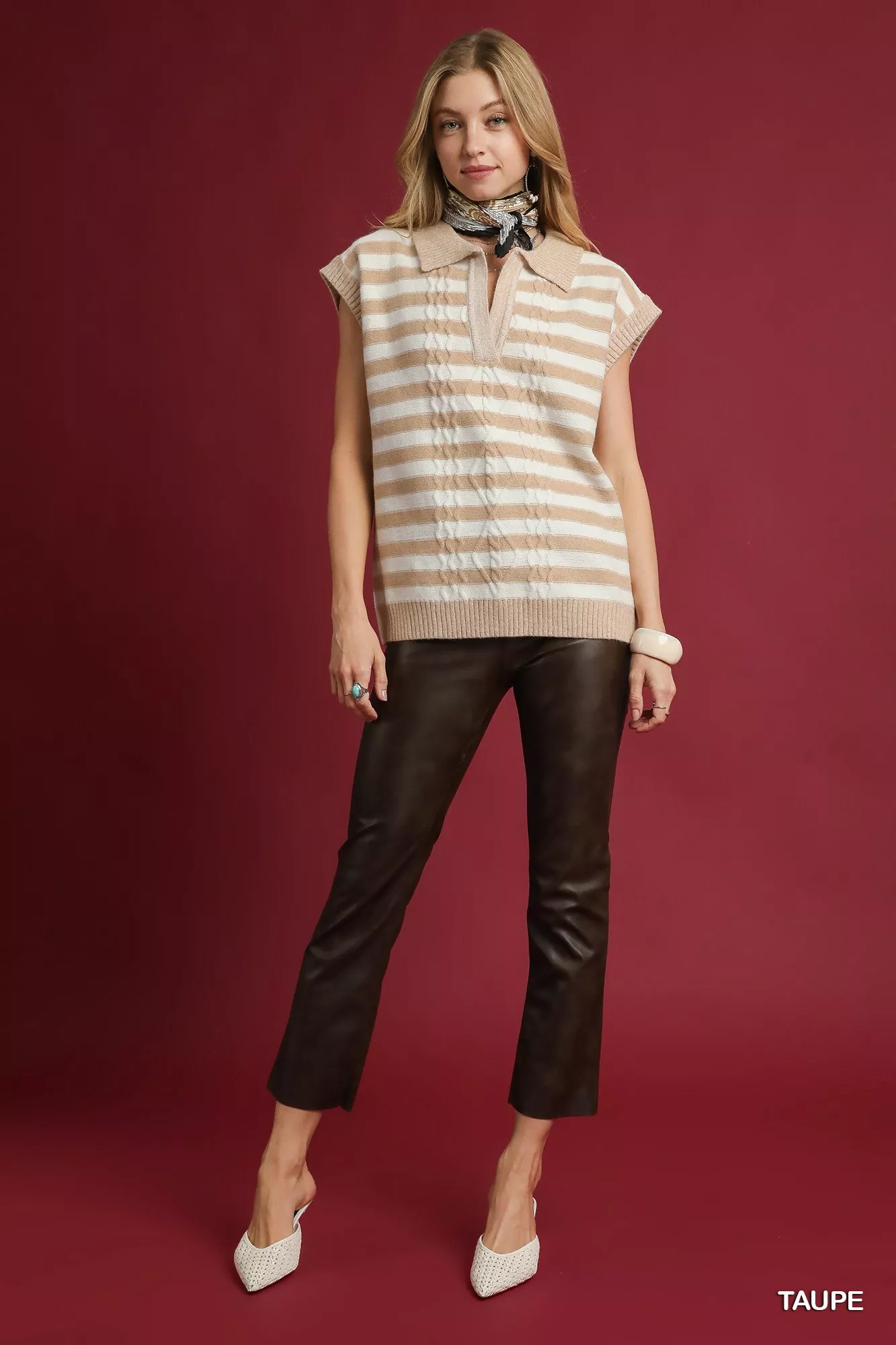 Umgee Cable Knit Collared Striped Vest Sweater - Image 4