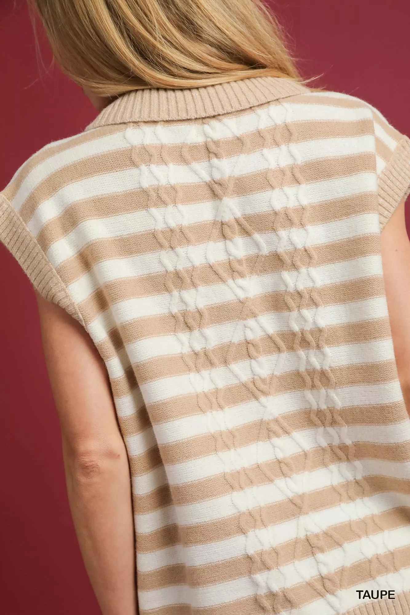 Umgee Cable Knit Collared Striped Vest Sweater - Image 5