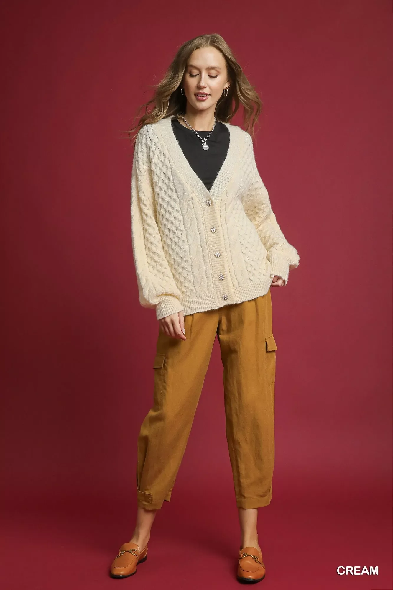 Umgee Cable Knit Pearl Button Cardigan - Image 2