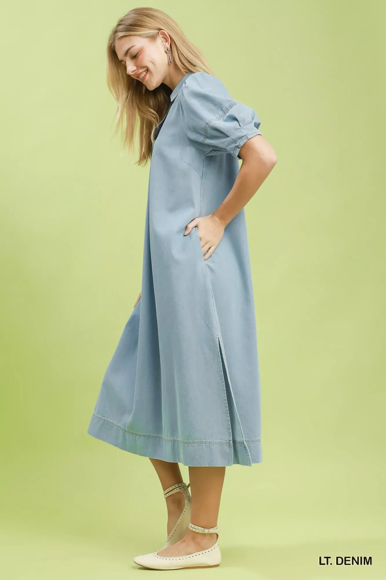 Umgee Chambray Collared Puff Sleeve Dress - Image 2