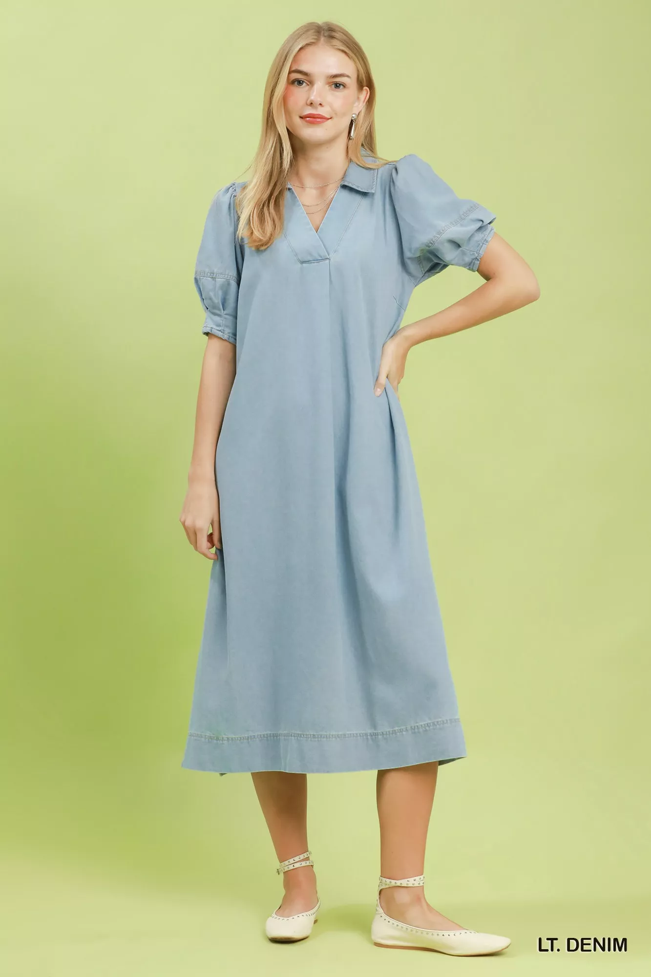 Umgee Chambray Collared Puff Sleeve Dress - Image 4