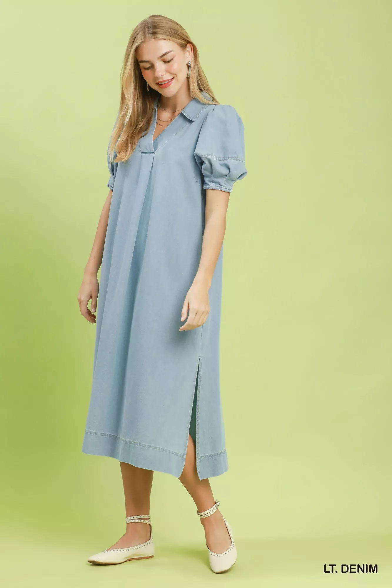 Umgee Chambray Collared Puff Sleeve Dress - Image 5