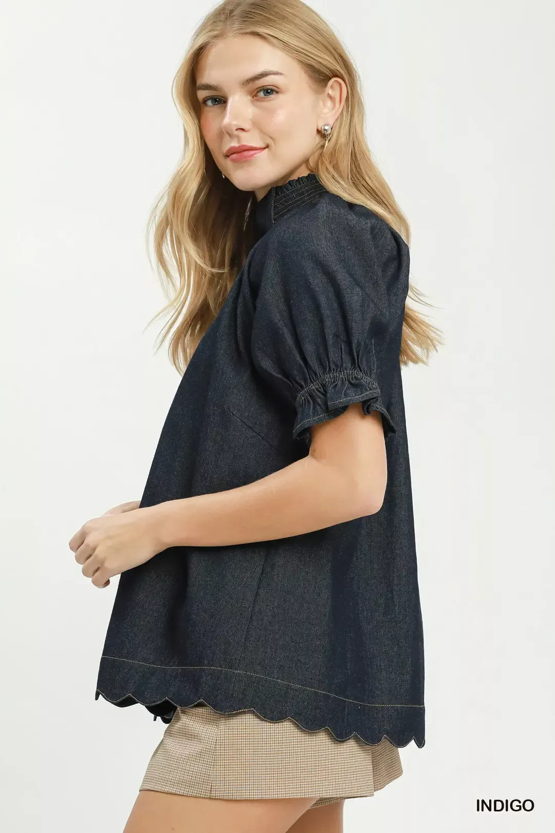 Umgee Chambray Puff Sleeve Scallop Hem Blouse - Image 2