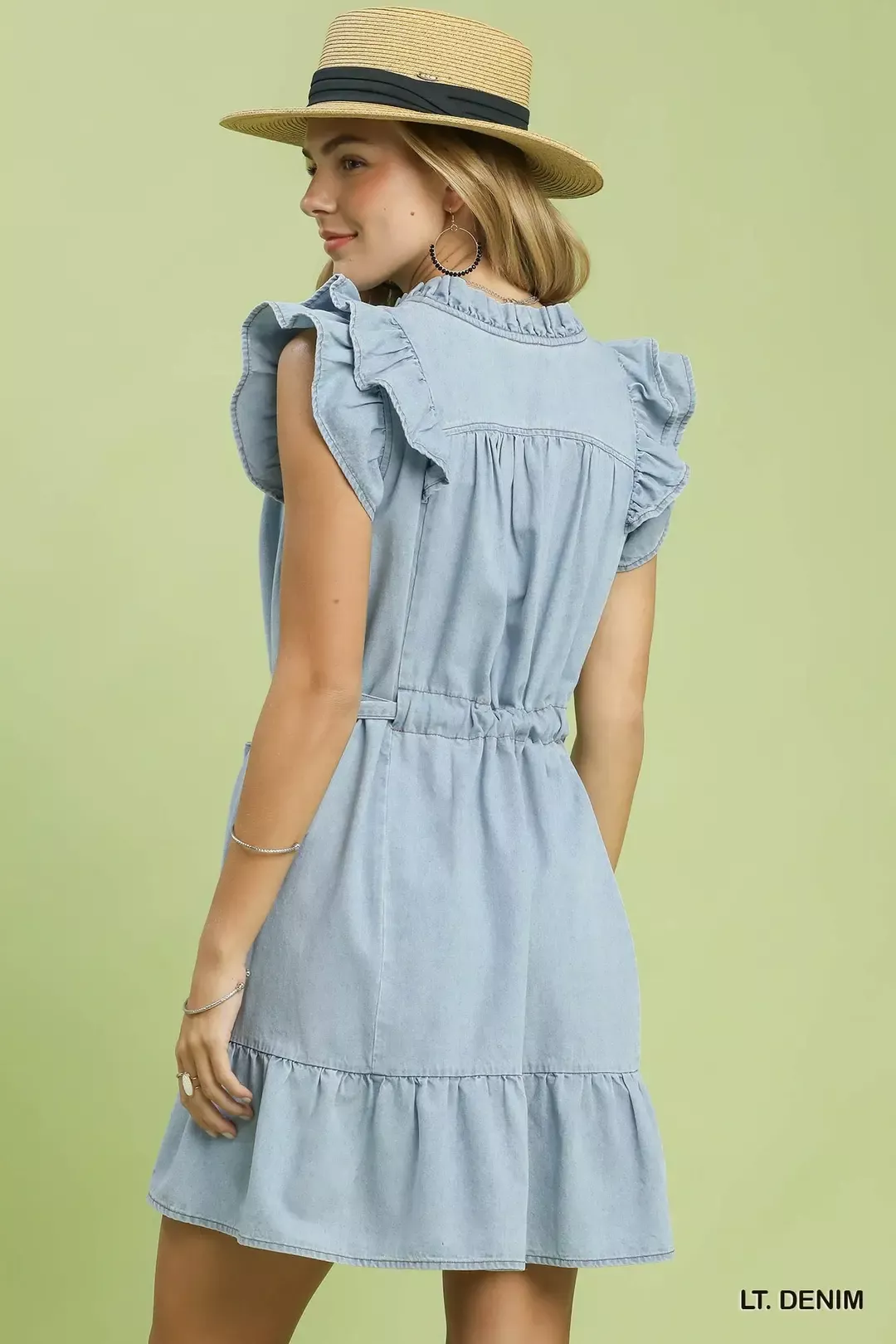 Umgee Chambray Ruffled Denim Dress with Side Pockets - Image 3