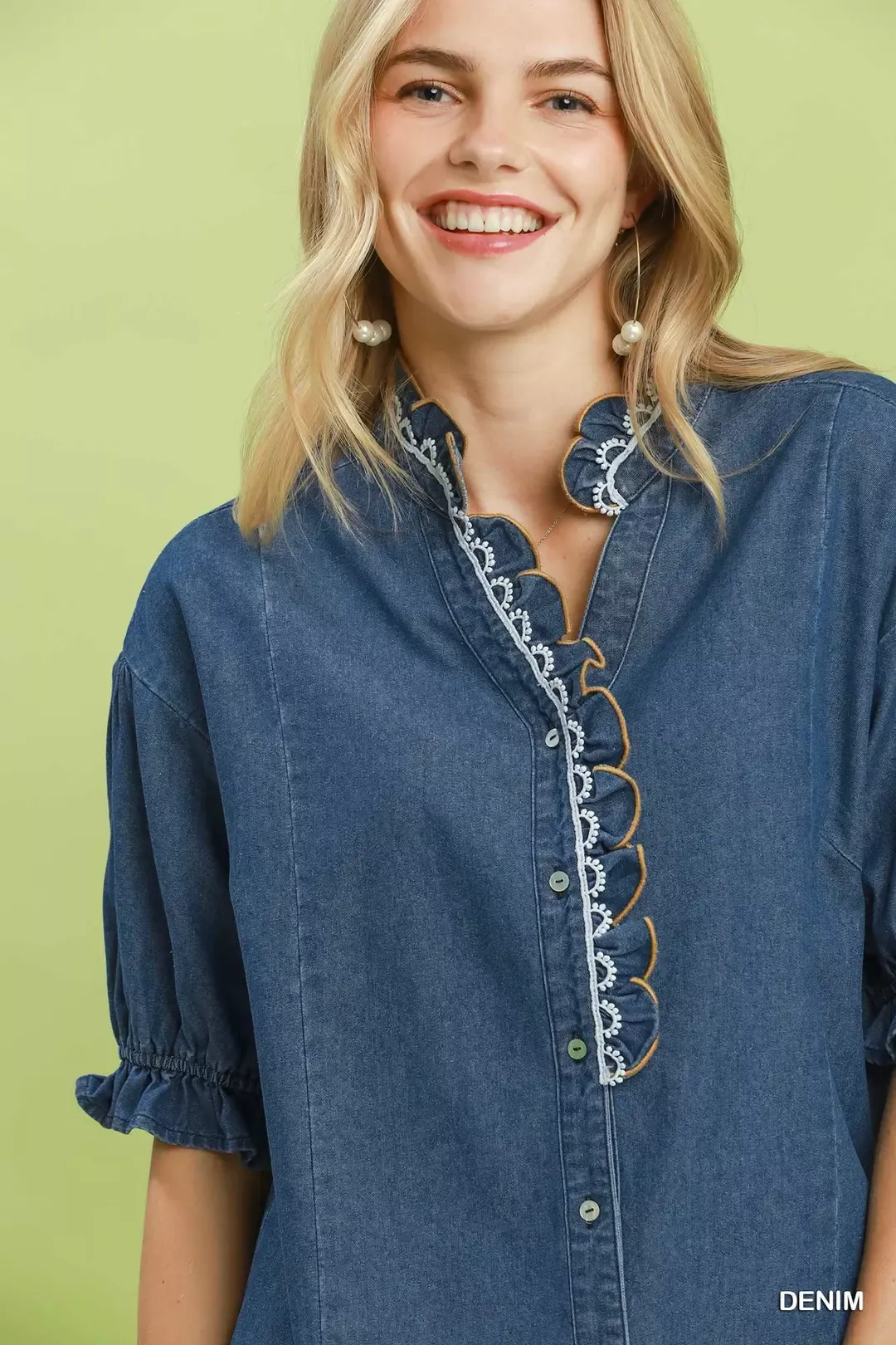 Umgee Chambray Scalloped Trim Button Front Blouse - Image 4