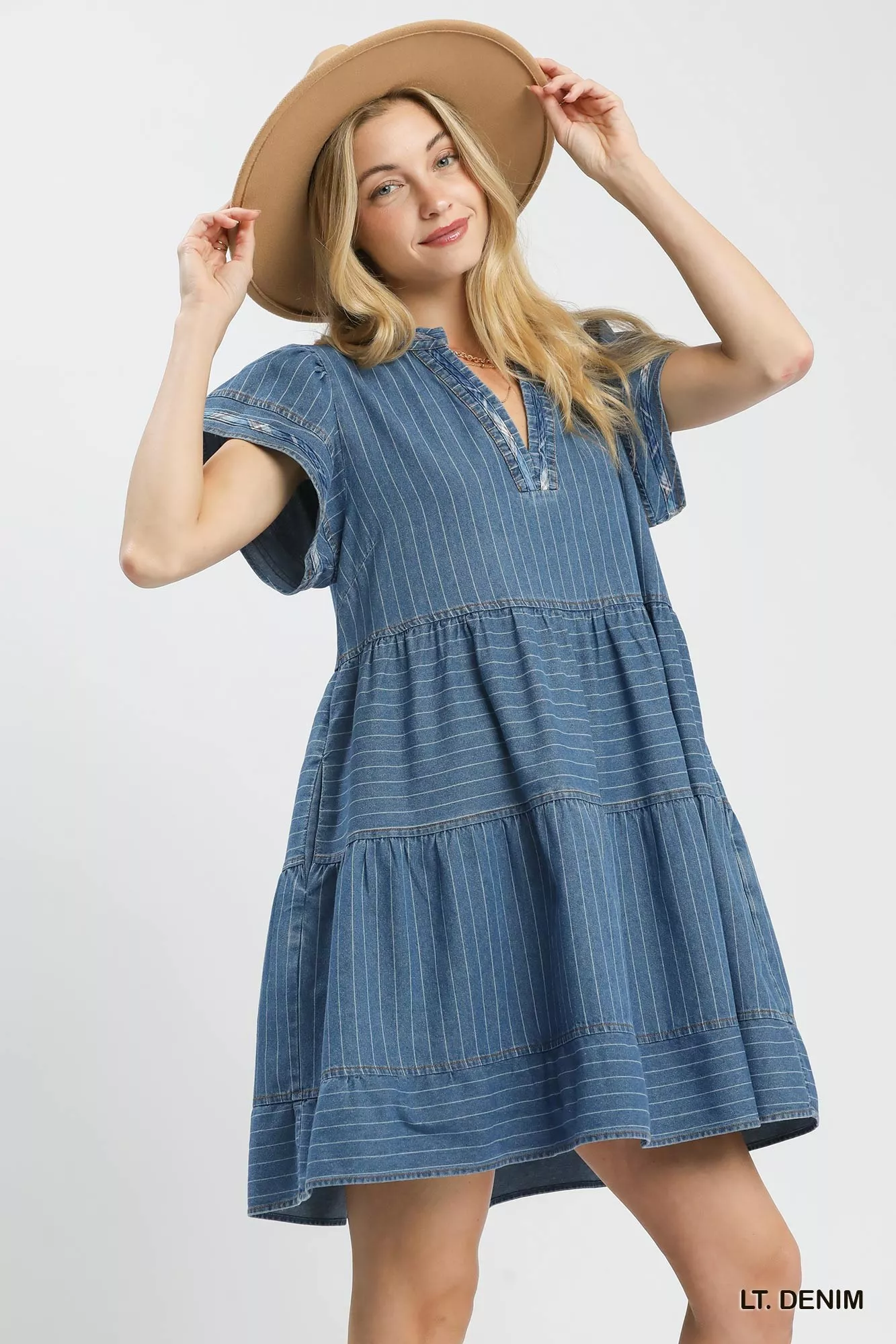 Umgee Chambray Tiered Babydoll Dress - Image 2