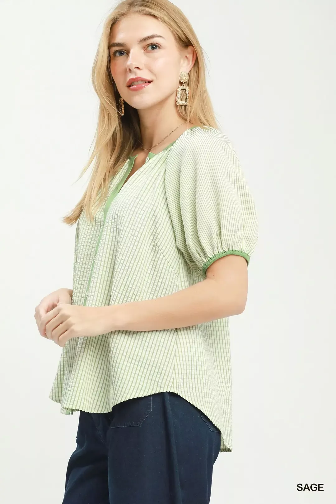 Umgee Checker Puff Sleeve Button Front Blouse - Image 2