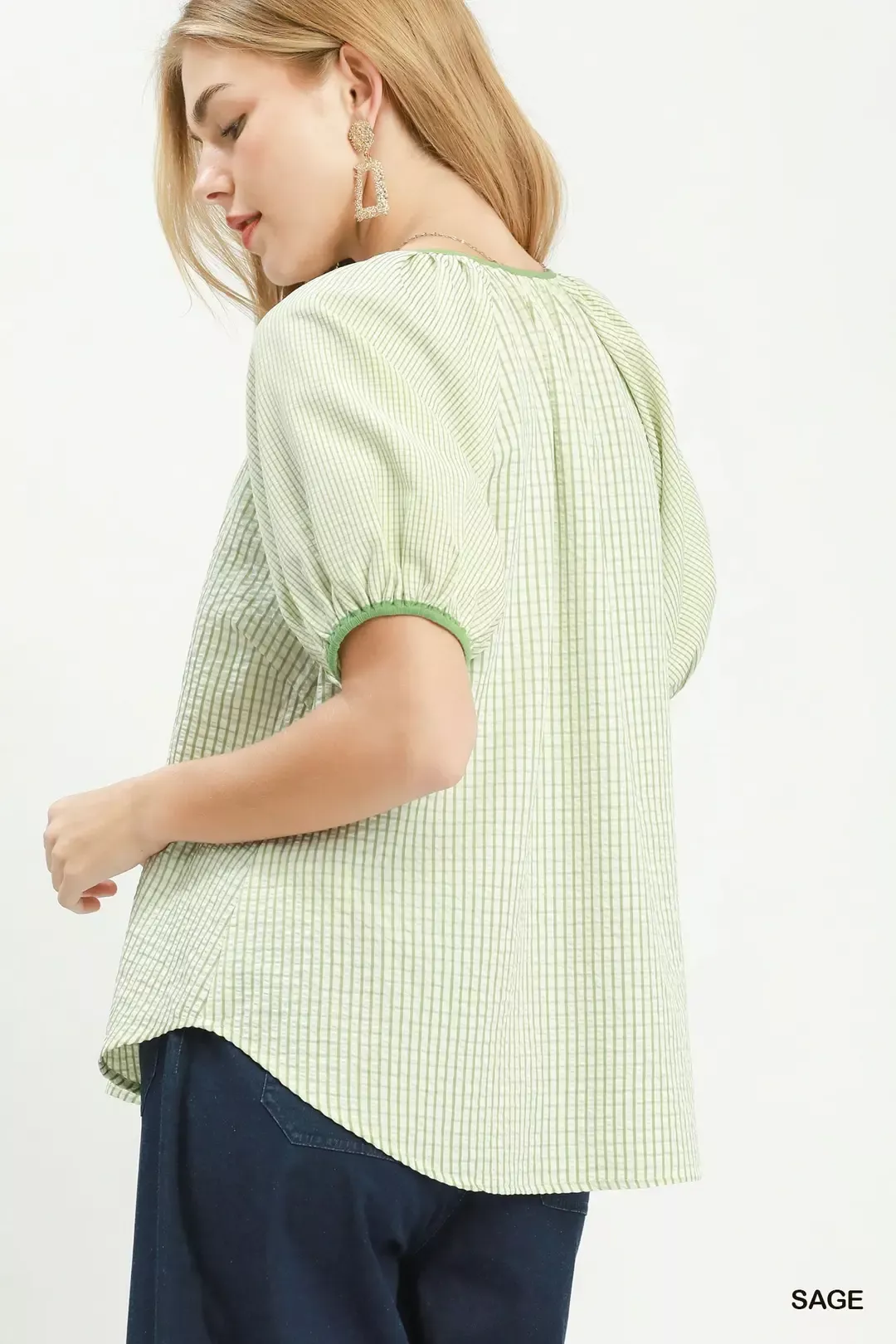 Umgee Checker Puff Sleeve Button Front Blouse - Image 3