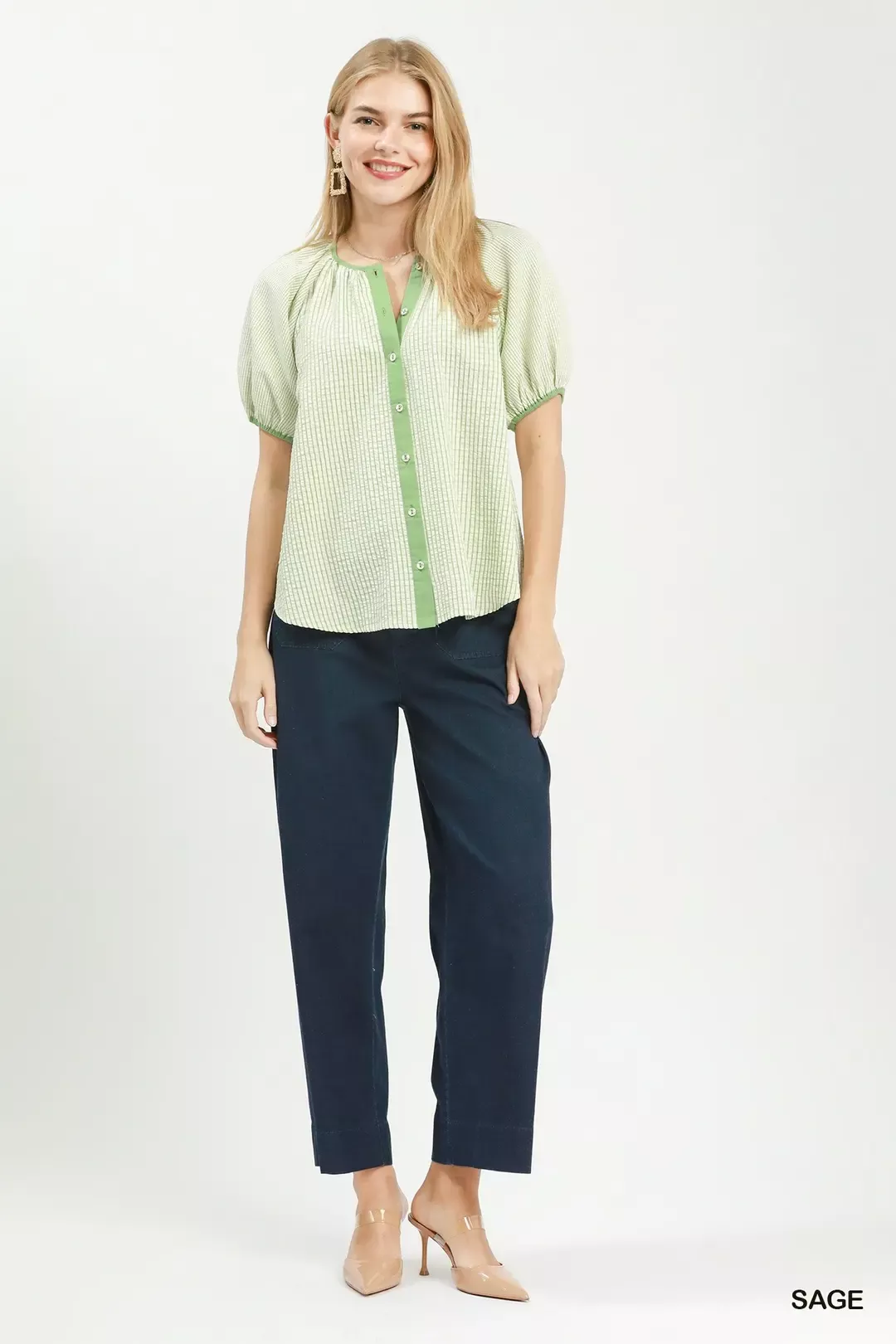 Umgee Checker Puff Sleeve Button Front Blouse - Image 5