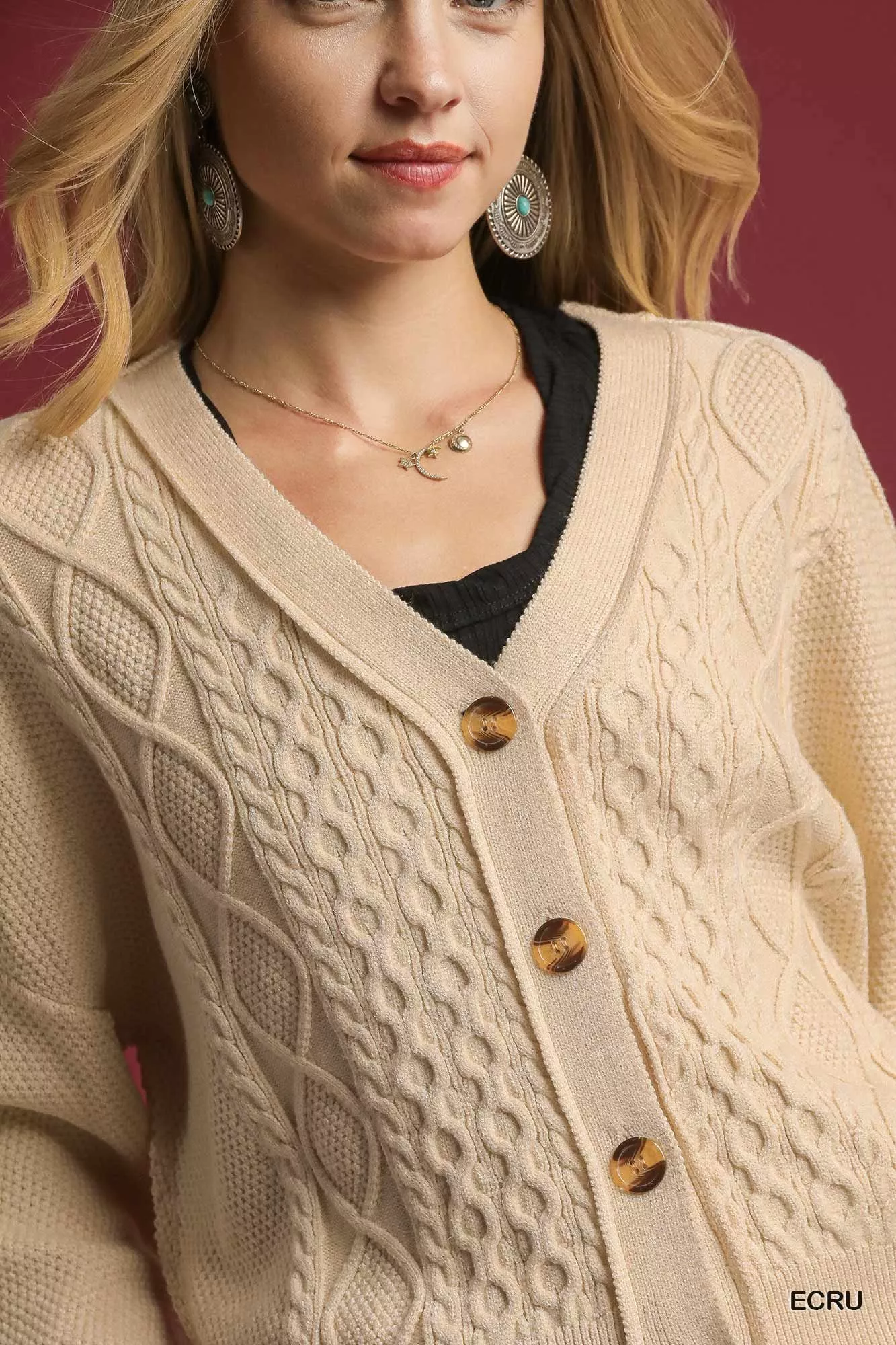 Umgee Chunky Cable Knit V-Neck Button-Up Cardigan - Image 4