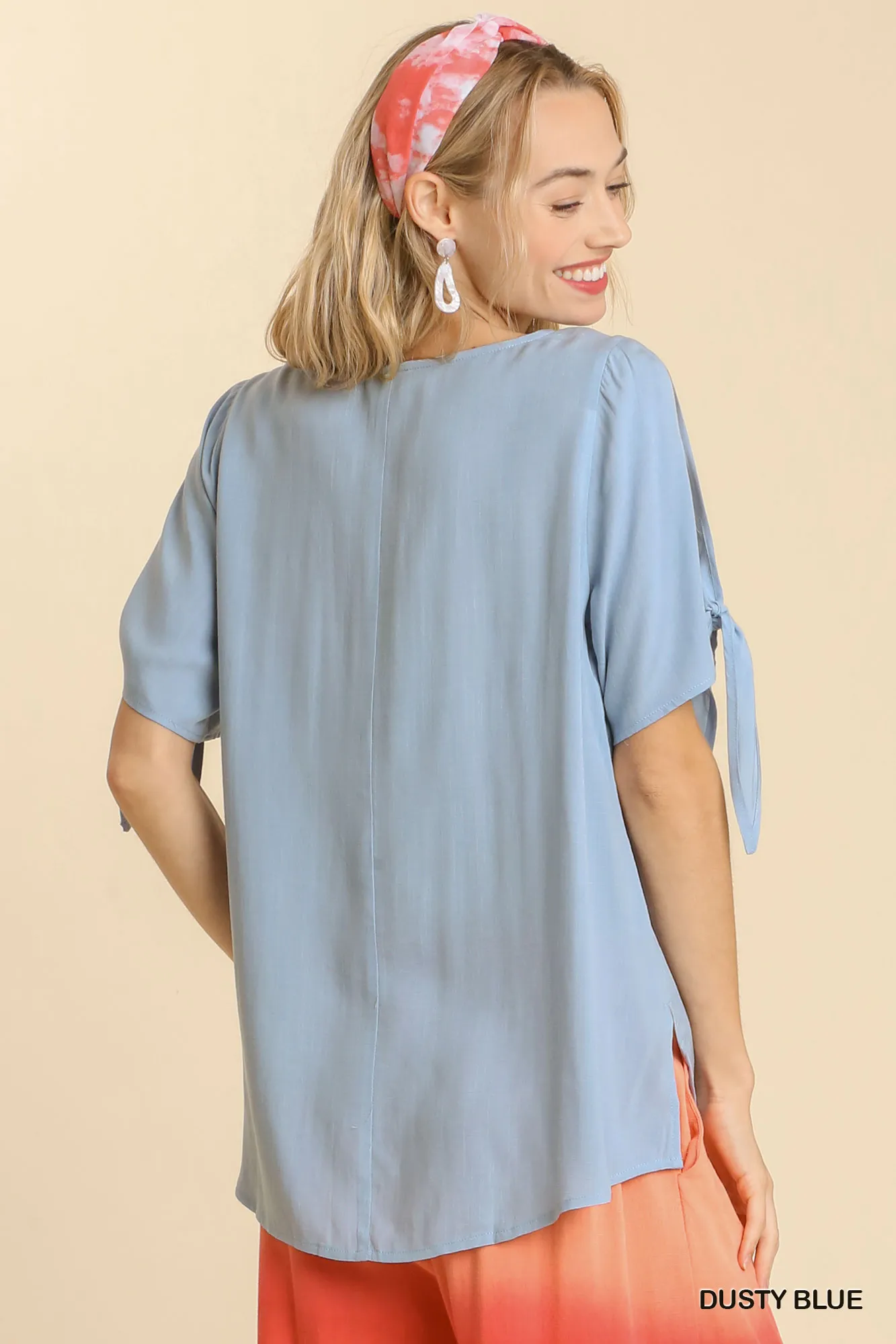 Umgee Cold Shoulder Short Sleeve Round Neck Top with Side Slits and Tie-able Knot Details - Image 2