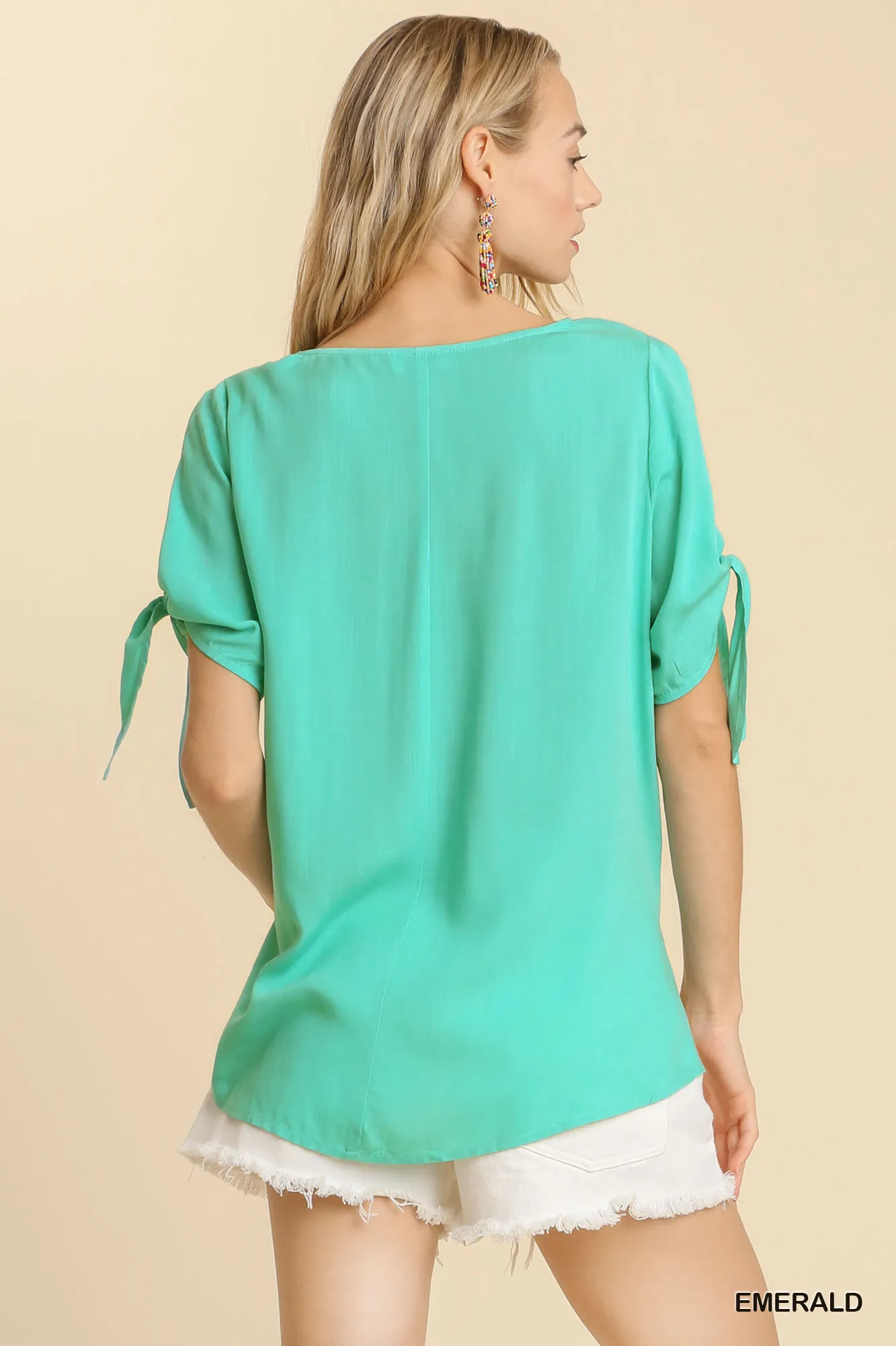 Umgee Cold Shoulder Short Sleeve Round Neck Top with Side Slits and Tie-able Knot Details - Image 2