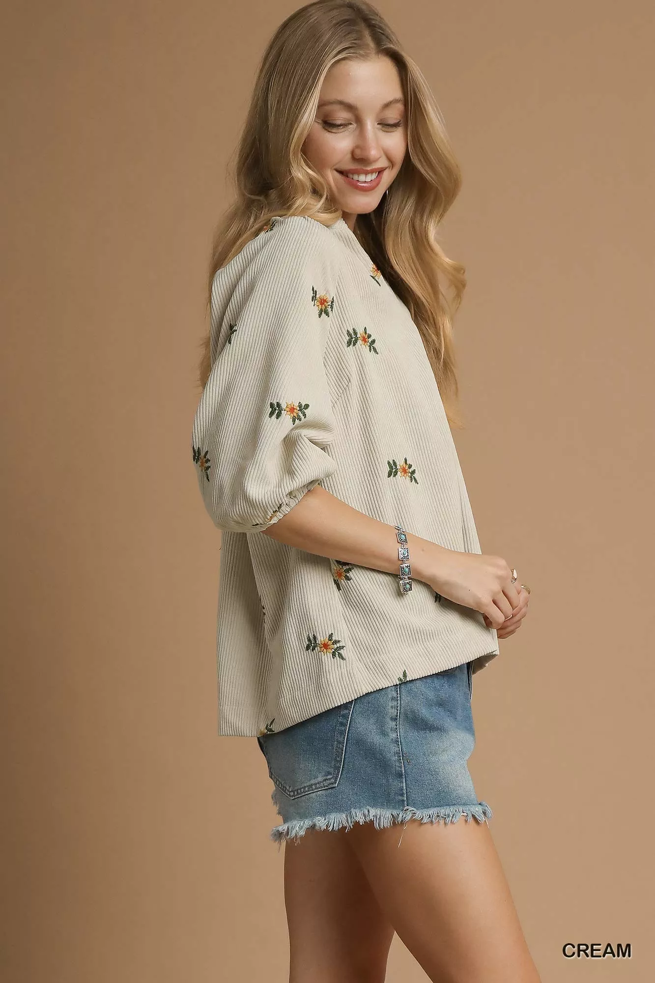 Umgee Corduroy Floral Embroidered Puff Sleeve Blouse - Image 2
