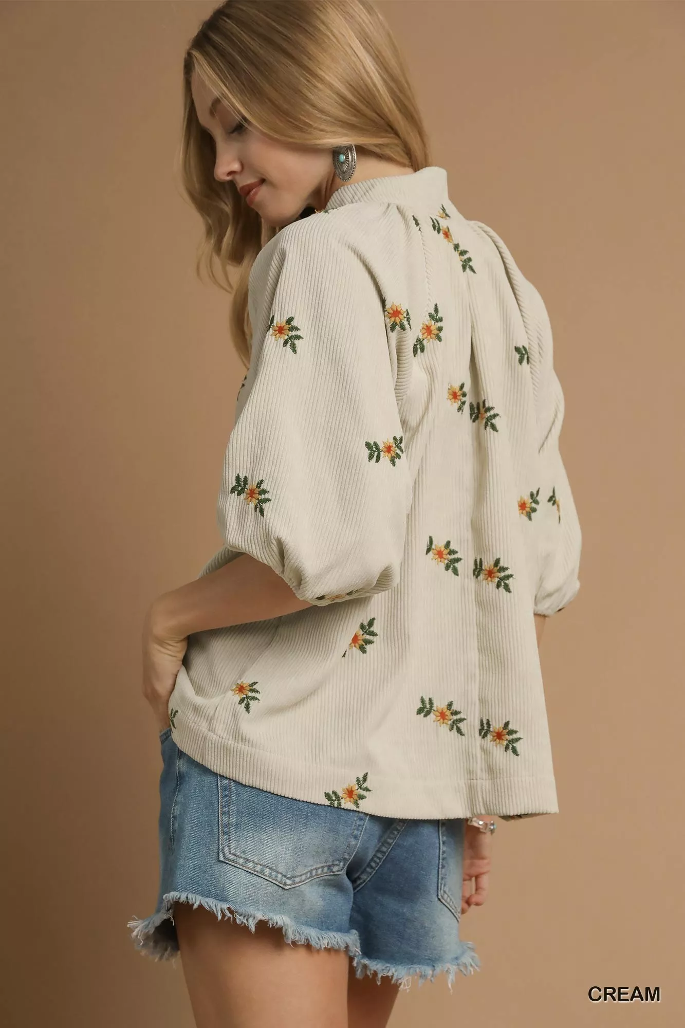 Umgee Corduroy Floral Embroidered Puff Sleeve Blouse - Image 3