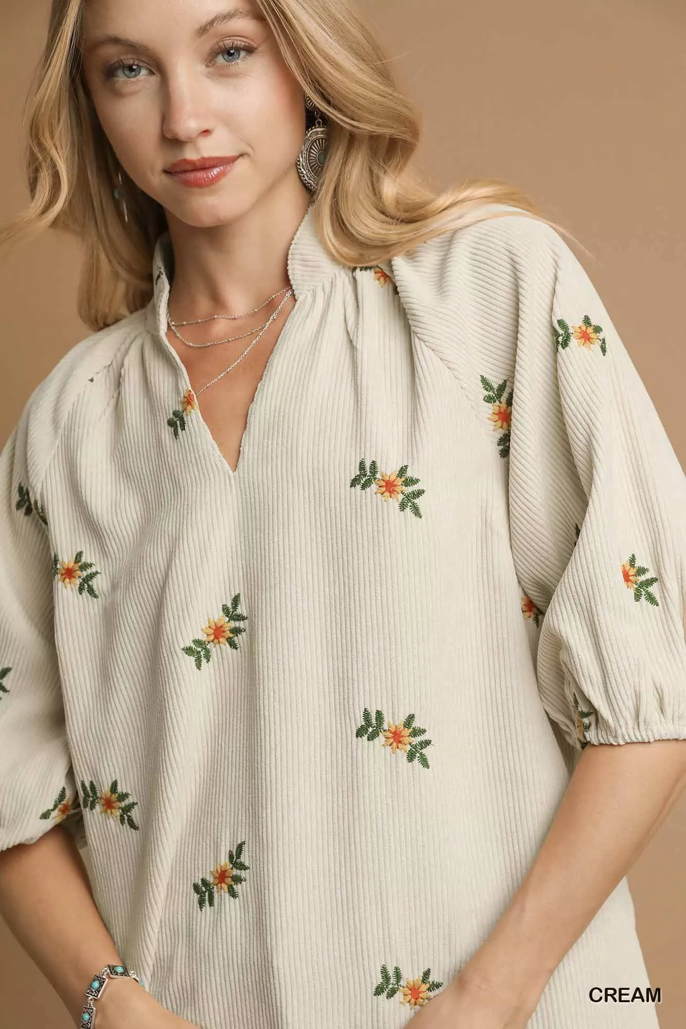 Umgee Corduroy Floral Embroidered Puff Sleeve Blouse - Image 5