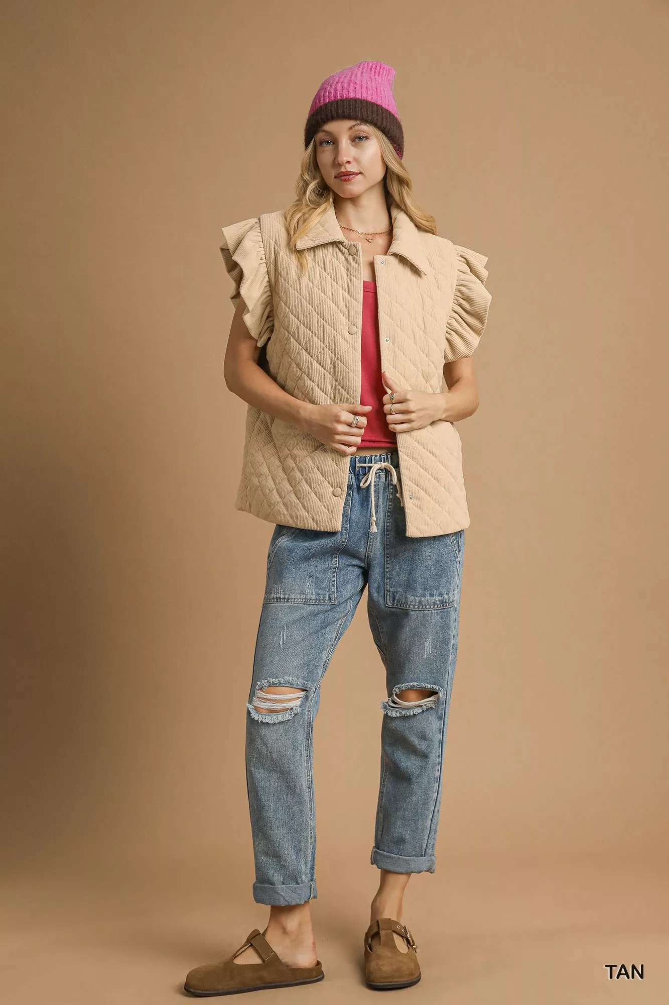 Umgee Corduroy Quilted Ruffle Sleeve Vest - Image 4