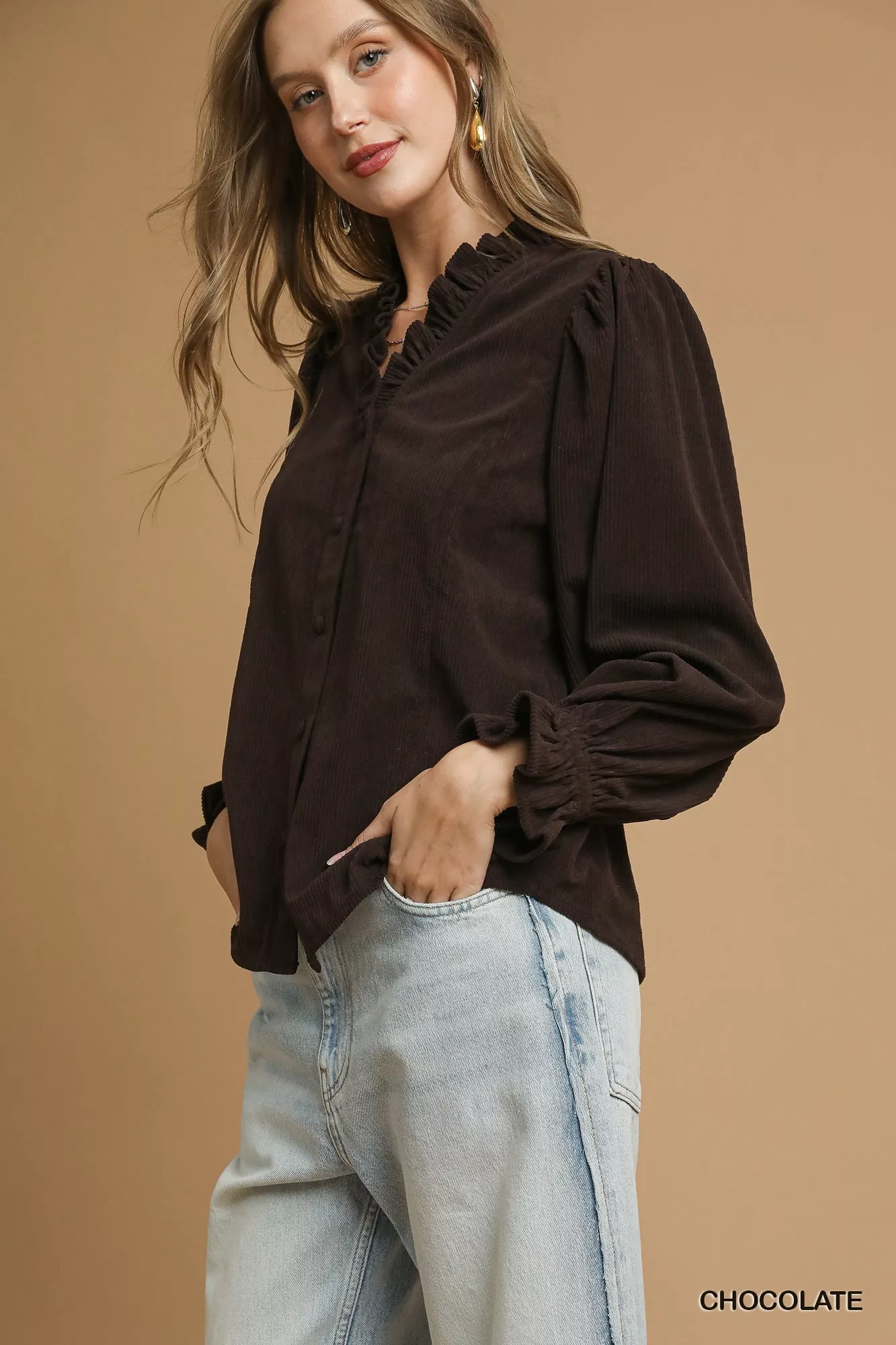 Umgee Corduroy Ruffle Shirt with Long Puff Sleeves - Image 2