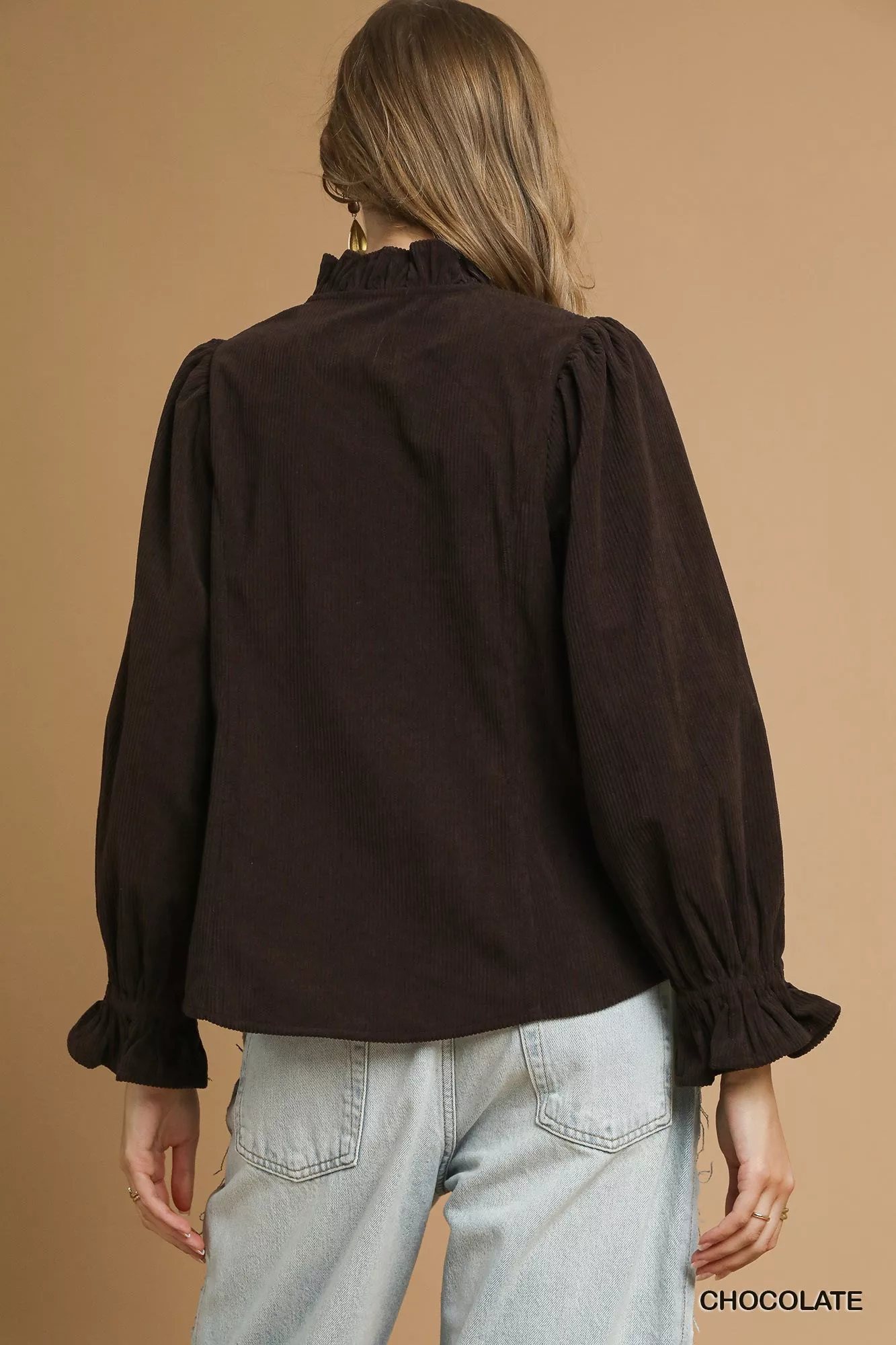 Umgee Corduroy Ruffle Shirt with Long Puff Sleeves - Image 3