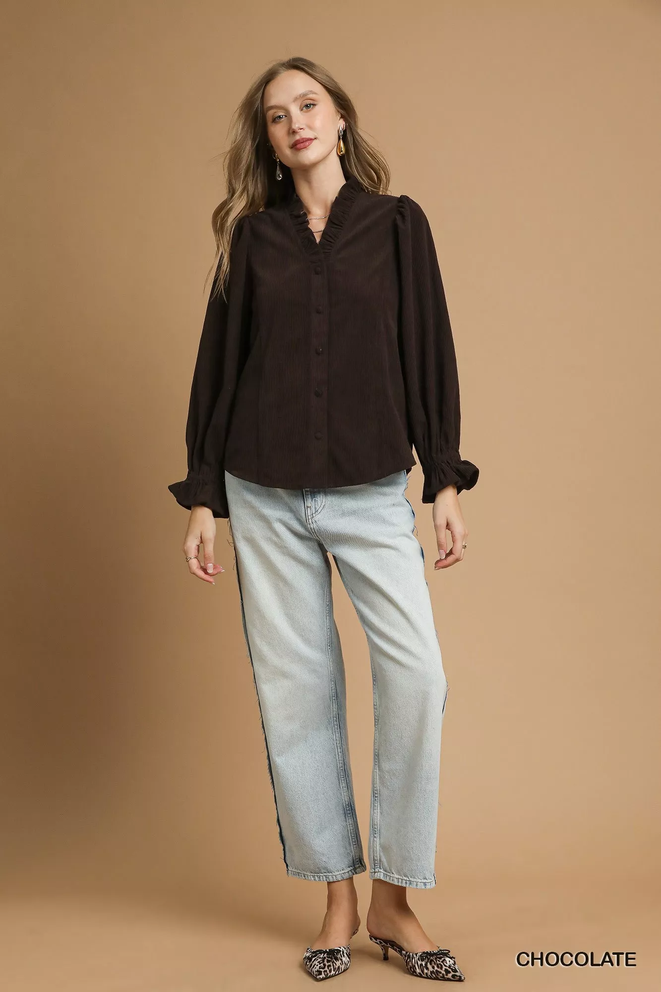Umgee Corduroy Ruffle Shirt with Long Puff Sleeves - Image 4
