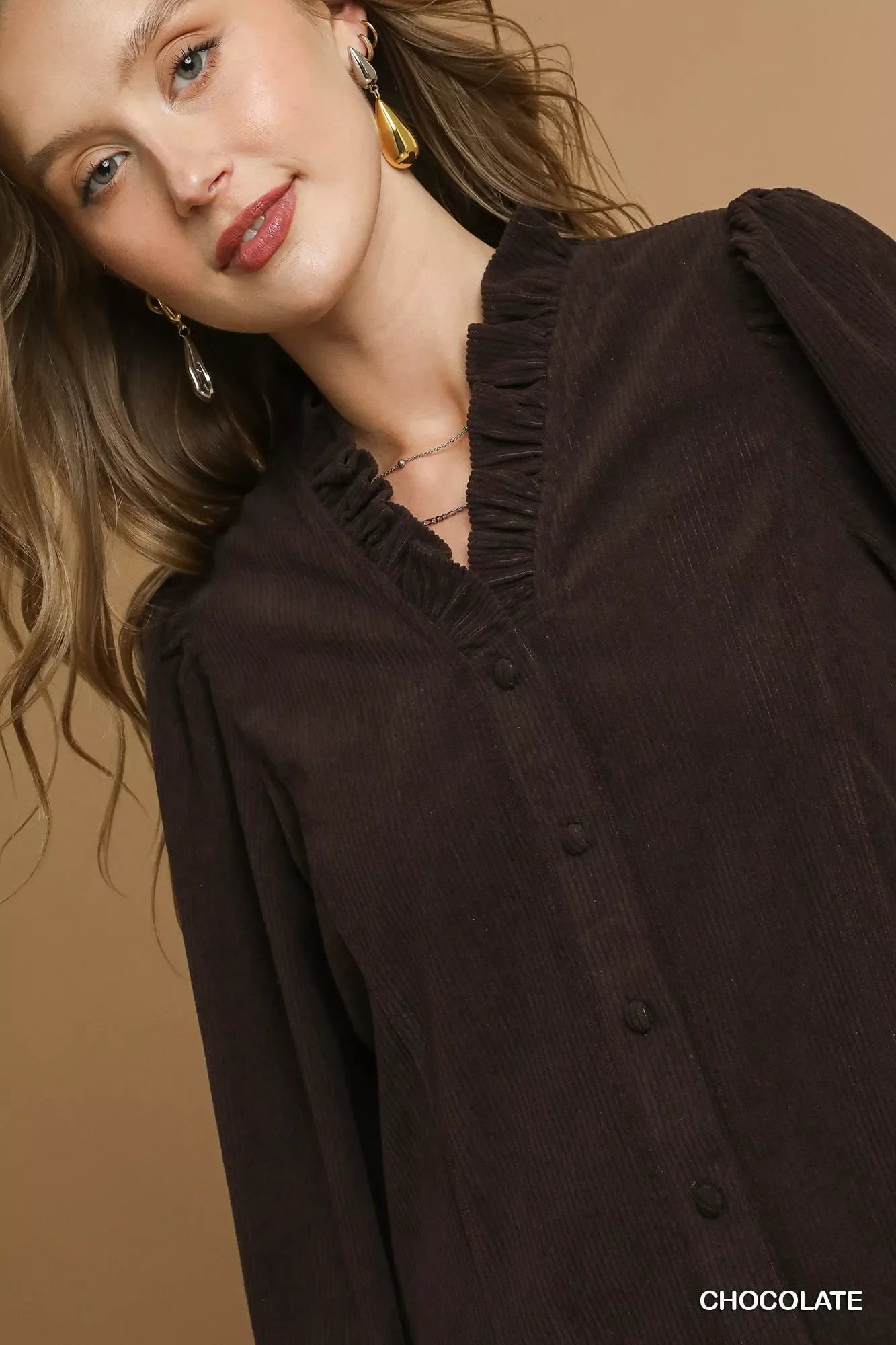Umgee Corduroy Ruffle Shirt with Long Puff Sleeves - Image 5