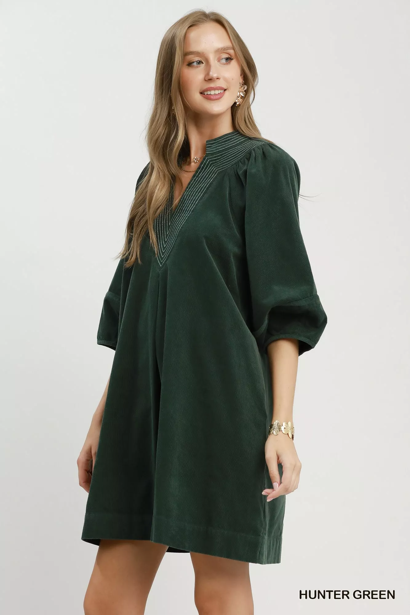 Umgee Corduroy V-Neck Puff Sleeve Shift Dress with Pockets - Image 2