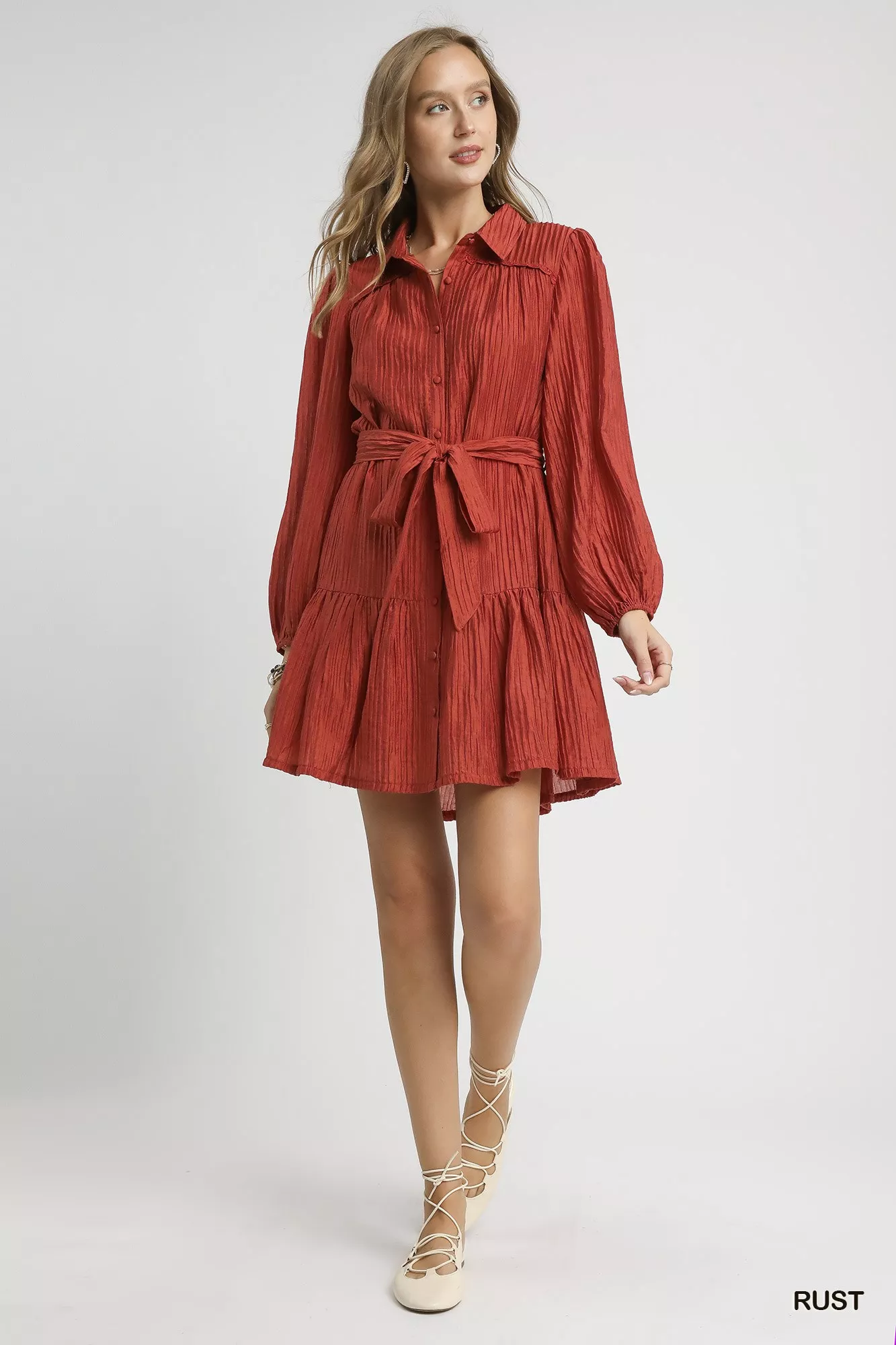 Umgee Crinkle Button-Front Tiered Mini Dress with Waist Tie - Image 6