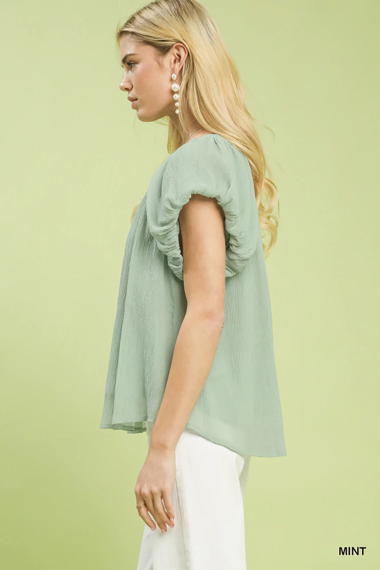 Umgee Crinkle Flutter Sleeve Peasant Top - Image 2