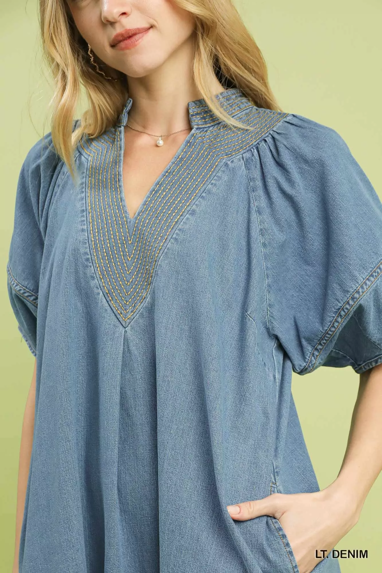Umgee Denim Mini Dress with Contrast Thread - Image 5
